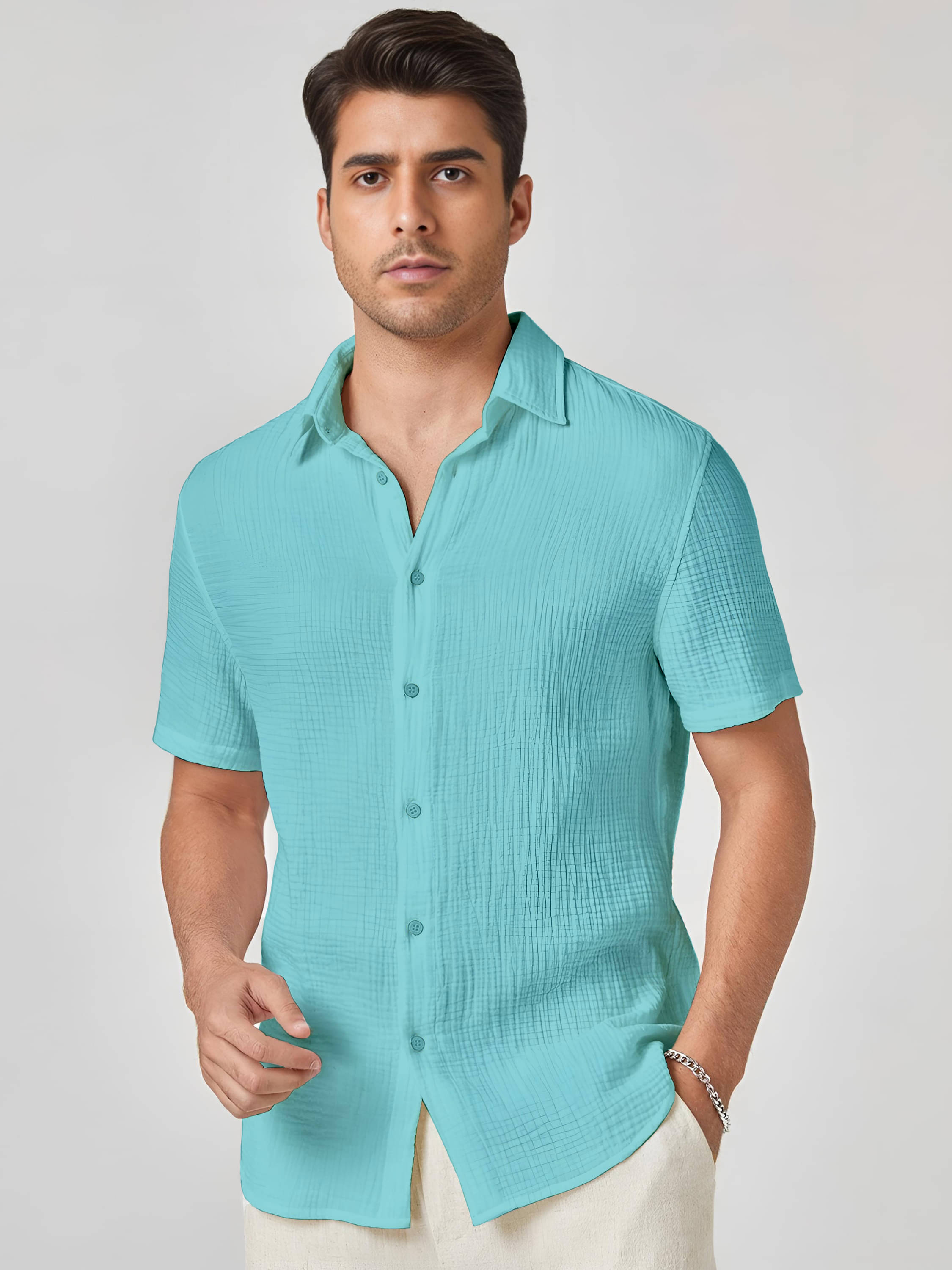 WEBRIC Cotton Blend Regular Fit Solids Half Sleeves Men's Casual Shirt - Aqua Blue ( Pack of 1 ) WEBRIC Cotton Blend Regular Fit Solids Half Sleeves Men's Casual Shirt - Aqua Blue ( Pack of 1 )