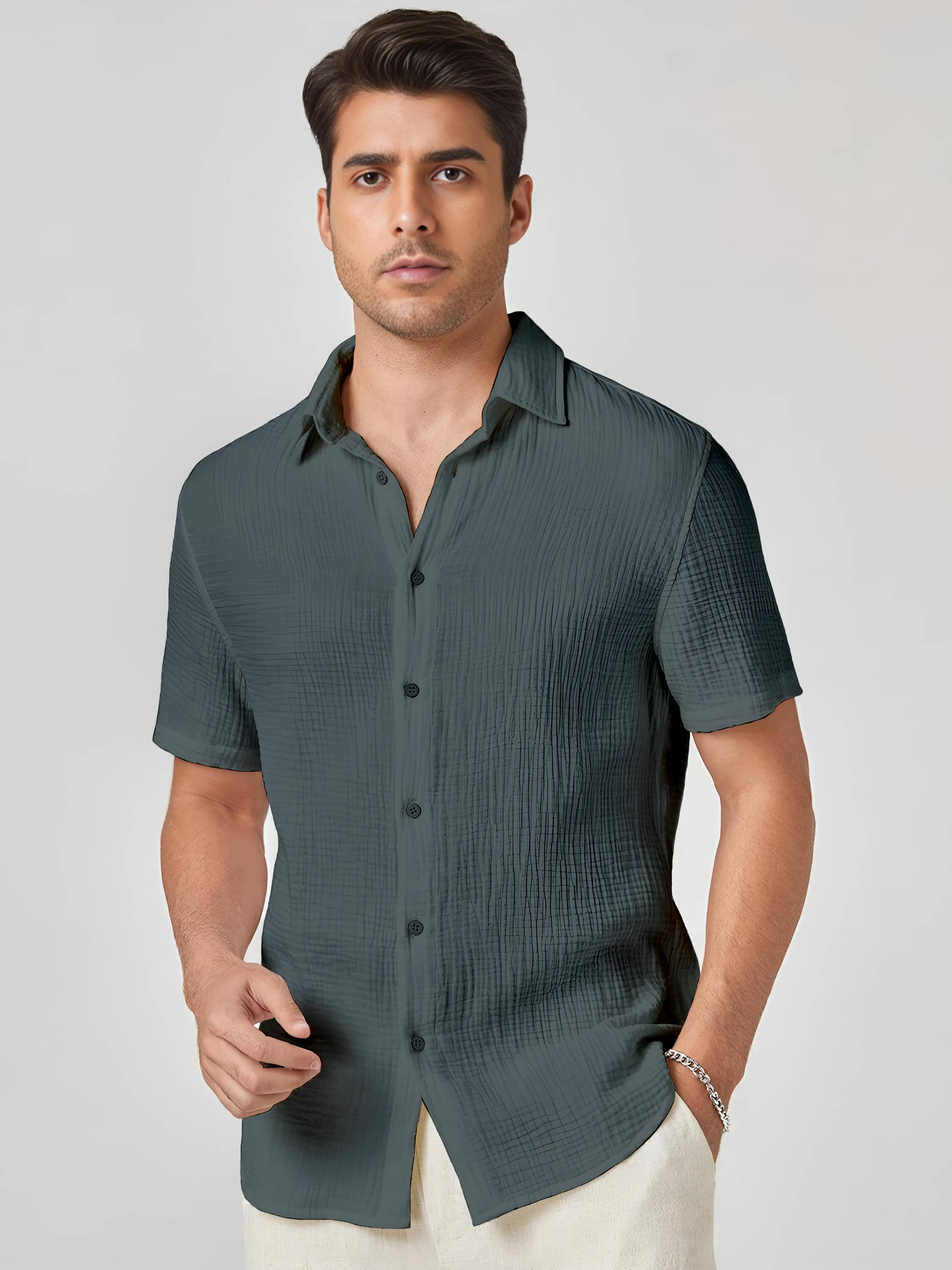 WEBRIC Cotton Blend Regular Fit Solids Half Sleeves Men's Casual Shirt - Dark Grey ( Pack of 1 )