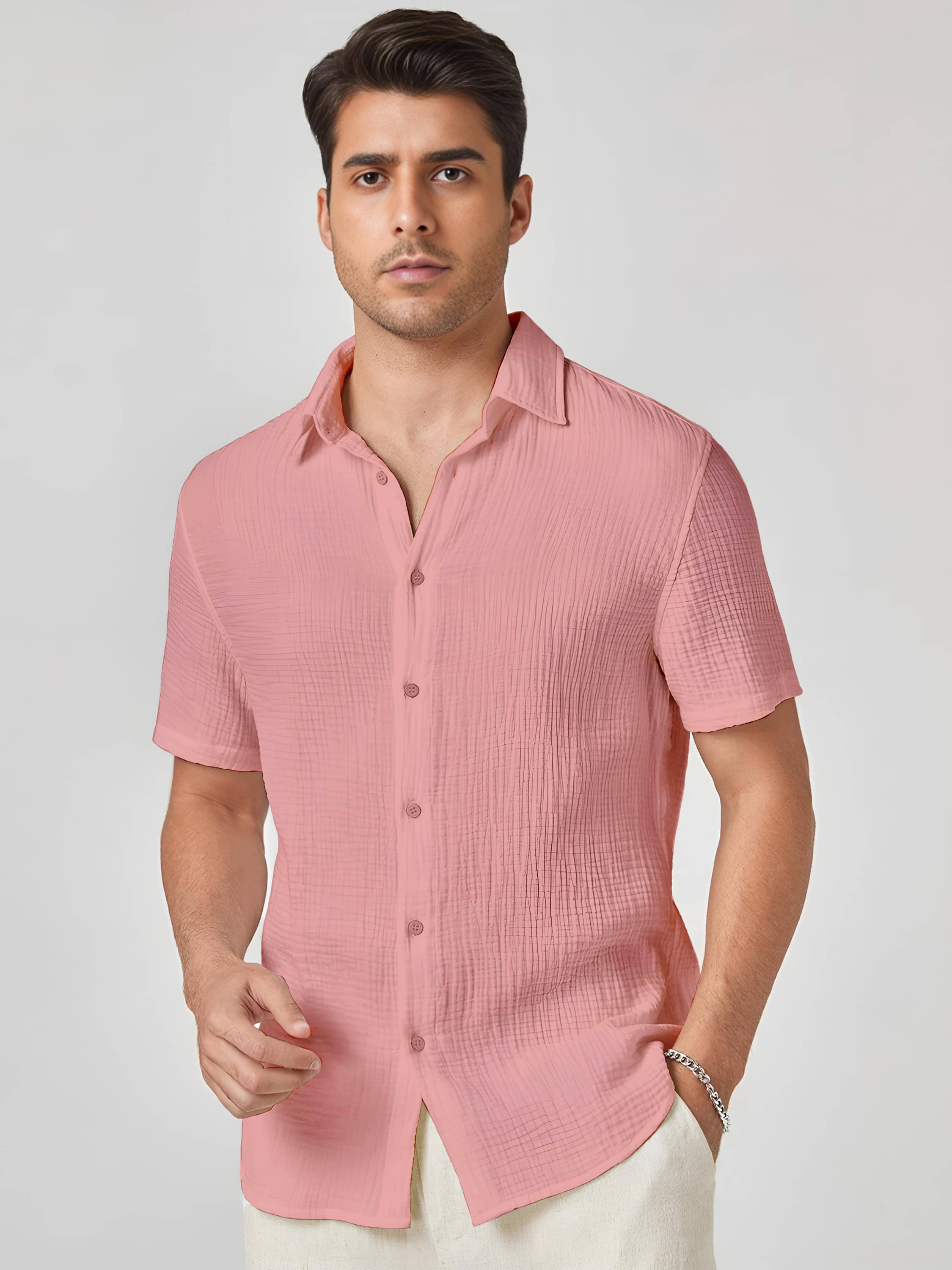     			WEBRIC Cotton Blend Regular Fit Solids Half Sleeves Men's Casual Shirt - Peach ( Pack of 1 )