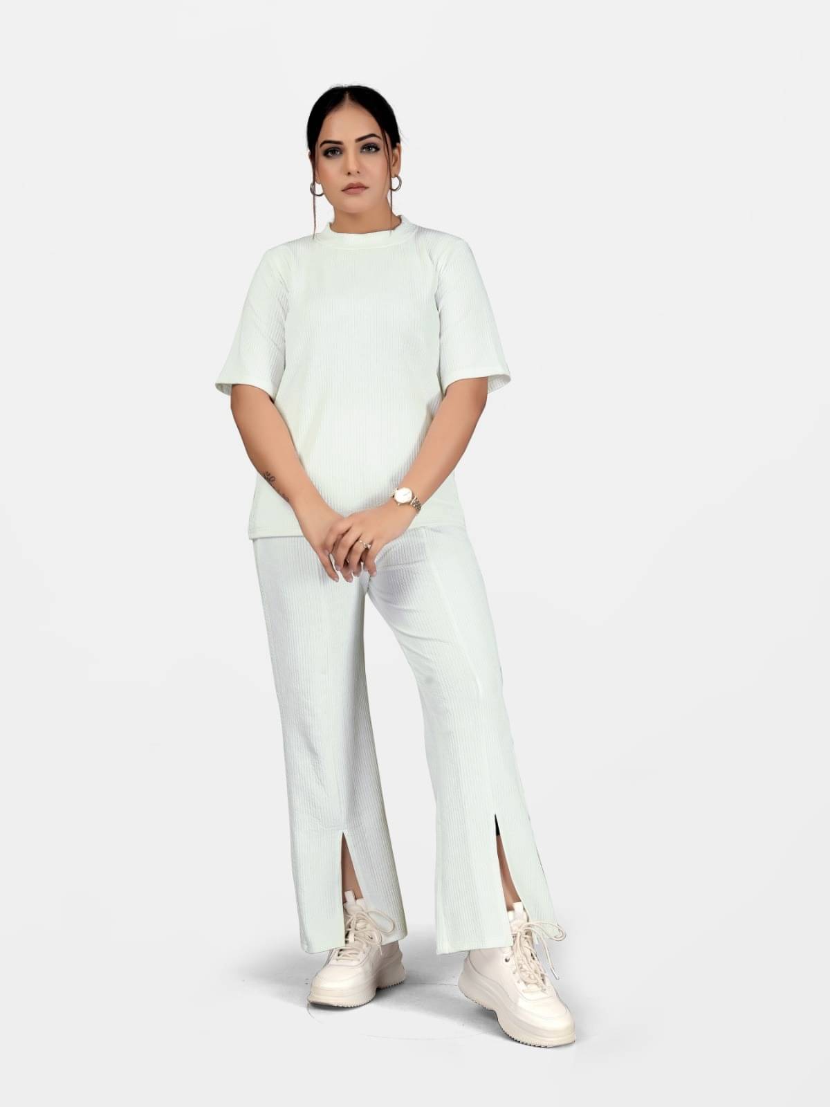     			WOOMNY Women Solid T-Shirt With Palazzos Co-Ord Set ( White )