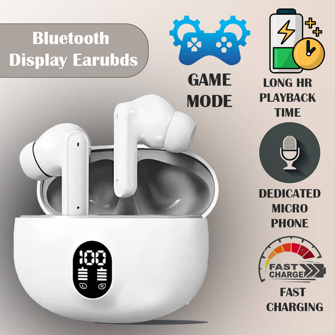     			"White Wireless Display Earbuds with LED Battery Indicator, Bluetooth 5.3, Touch Controls, Deep Bass, Long Battery Life,  Stylish Charging Case – Perfect for Music & Calls"