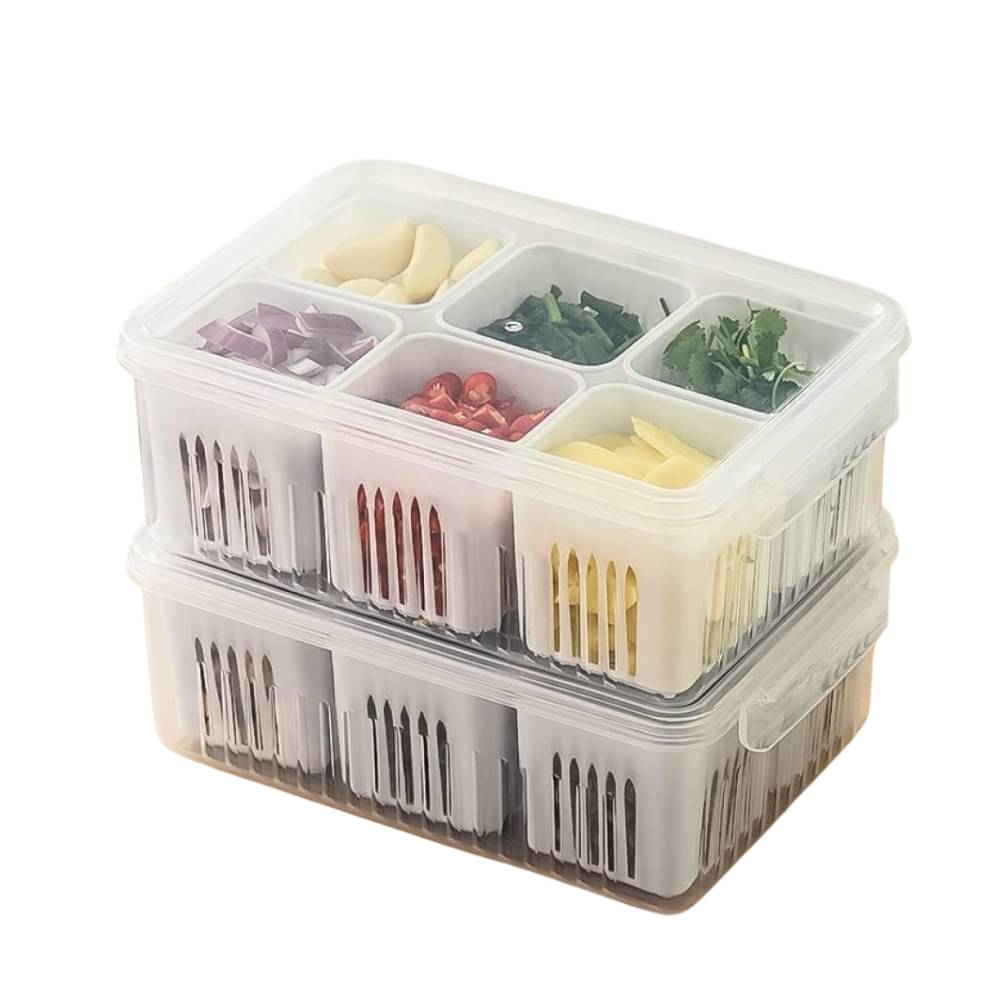     			Wilinty Refrigerator Storage Container with Lid, Produce Keeper Box with Odour Isolation, Classified Storage for Vegetables(Set of 2 Box - 6 compartments)