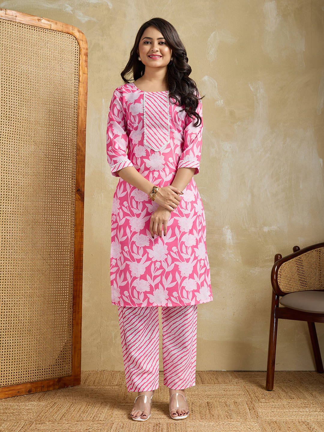 Women Basket Women Cotton Printed Straight Kurti With Pants ( Pink )     			Women Basket Women Cotton Printed Straight Kurti With Pants ( Pink )