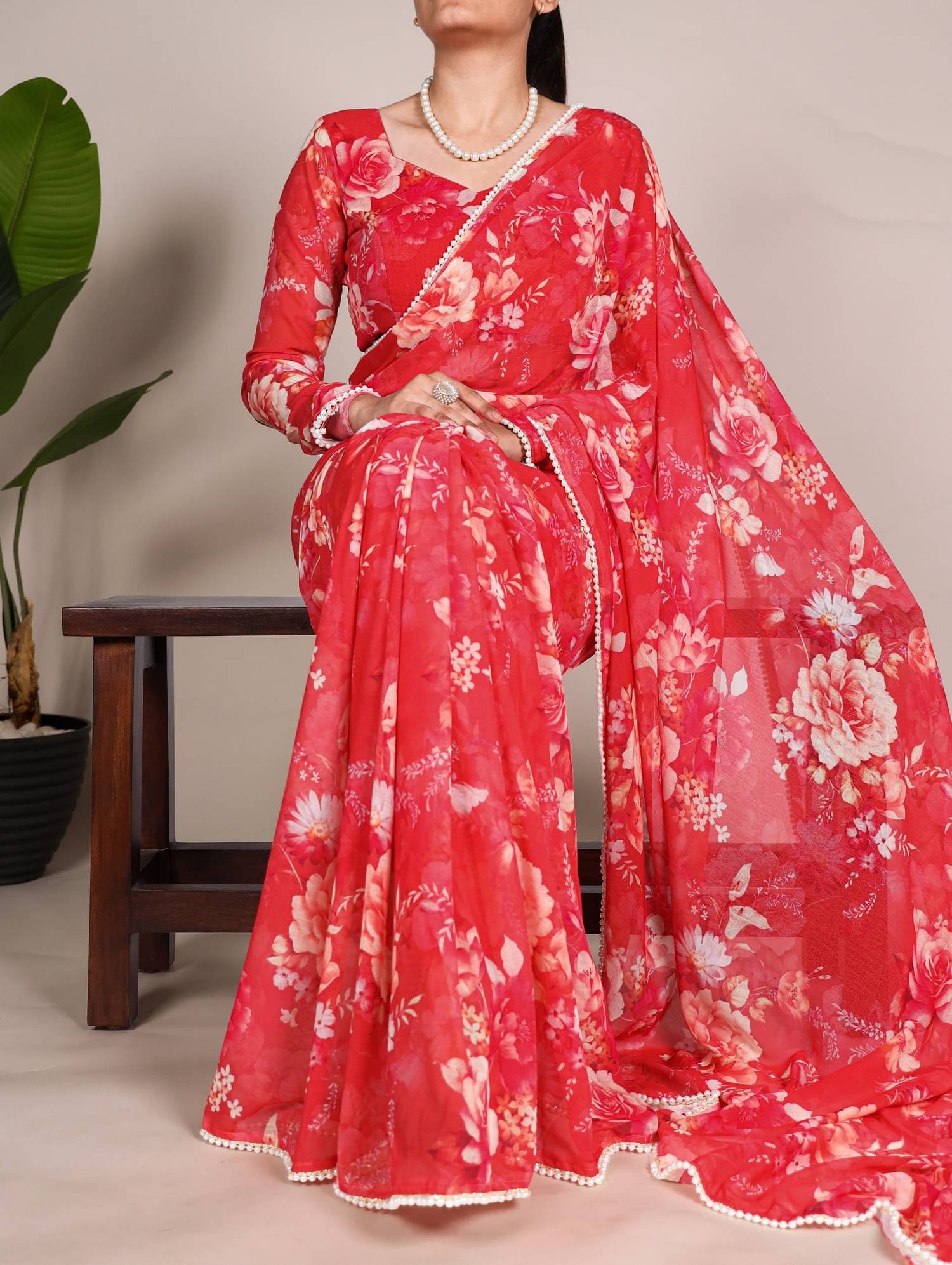     			A TO Z CART Georgette Printed Regular Saree With Unstitched Blouse Piece ( Red )