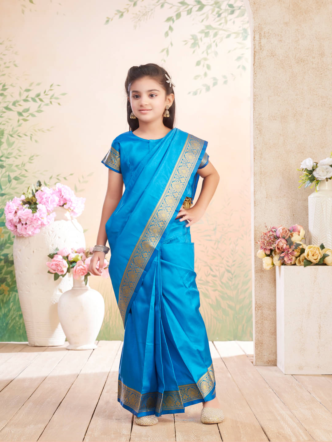     			Aarika Silk Ready To Wear Saree For Girls ( Blue , Pack of 1 )