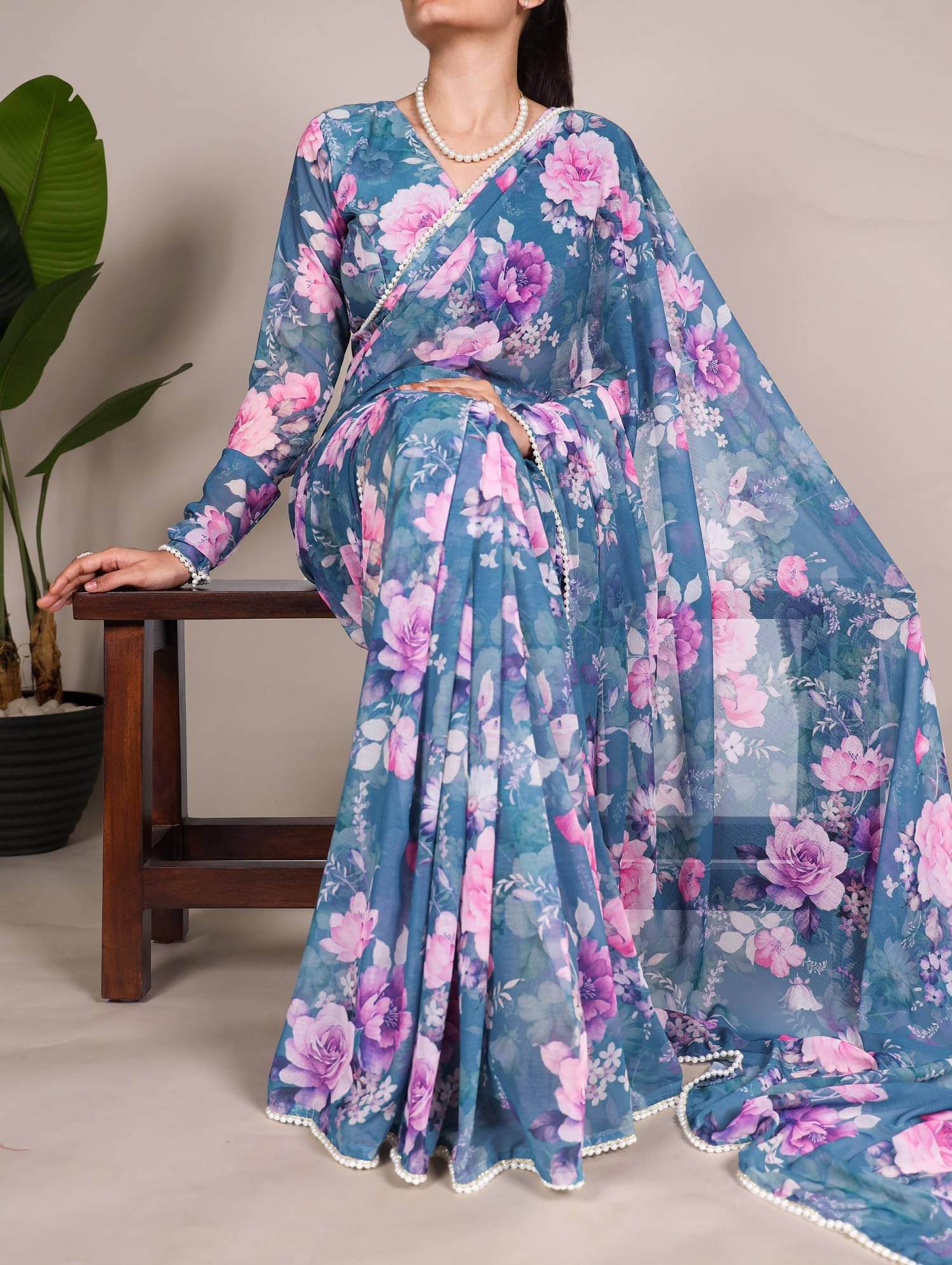     			Aika Georgette Printed Regular Saree With Unstitched Blouse Piece ( Sky Blue )