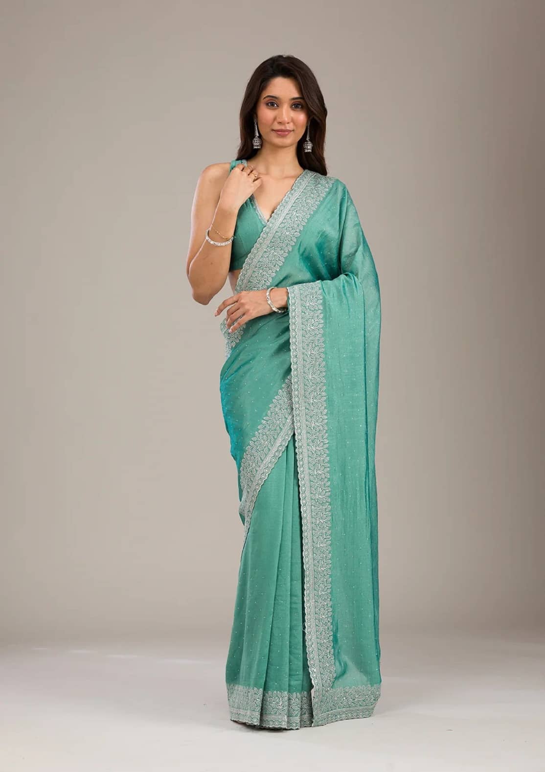 Aika Silk Blend Embroidered Regular Saree With Unstitched Blouse Piece ( Rama ) - Sarees | Buy online on ZillyBuy