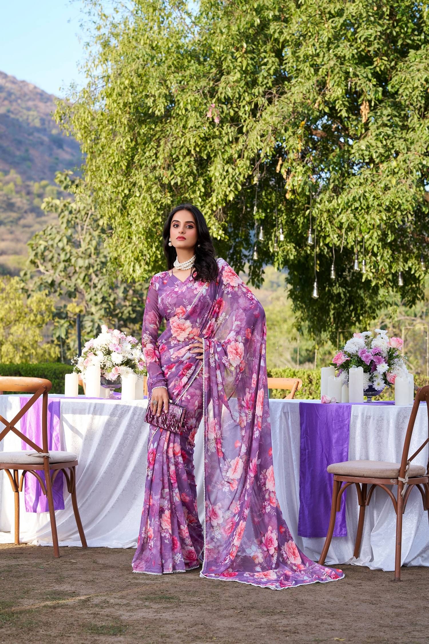     			Apnisha Georgette Printed Regular Saree With Unstitched Blouse Piece ( Purple )