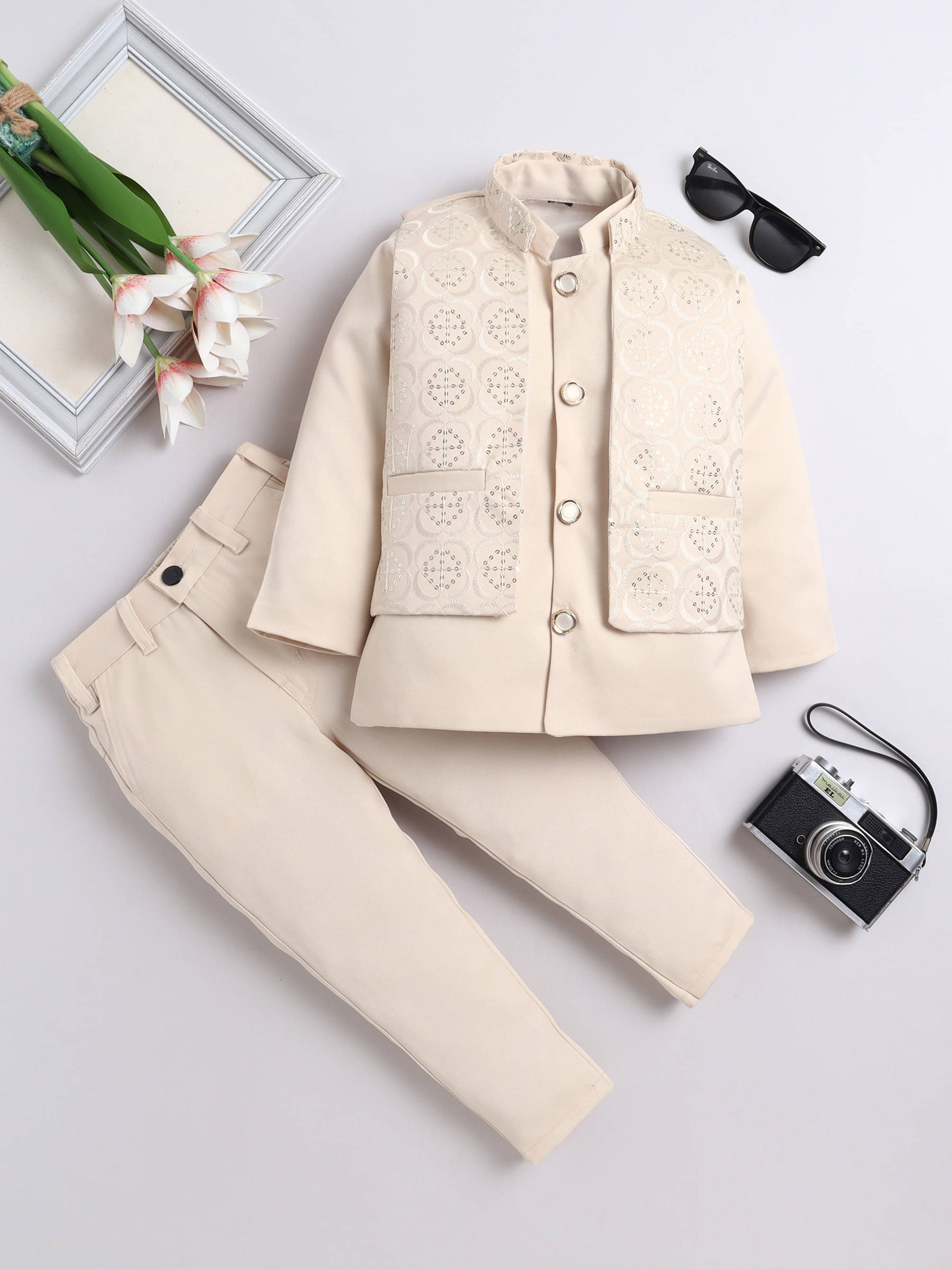     			Fourfolds Boys Polyester Beige Kurta Pant Set ( Pack of 1 )