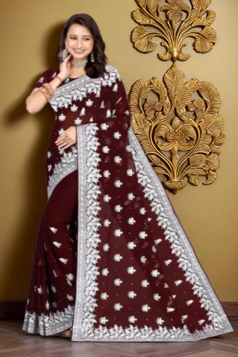 Prazvika Georgette Embroidered Chanderi saree With Unstitched Blouse Piece ( Brown ) Prazvika Georgette Embroidered Chanderi saree With Unstitched Blouse Piece ( Brown )