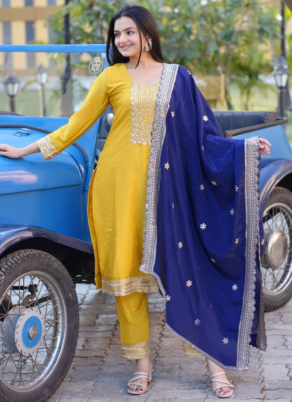     			Trijal Fab Women Cotton Blend Embroidered Straight Kurti With Pants ( Yellow )