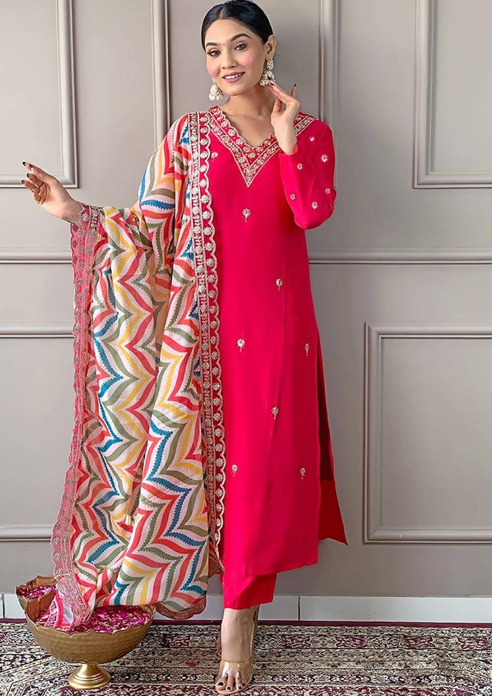     			Trijal Fab Women Cotton Blend Embroidered Straight Kurti With Pants ( Pink )