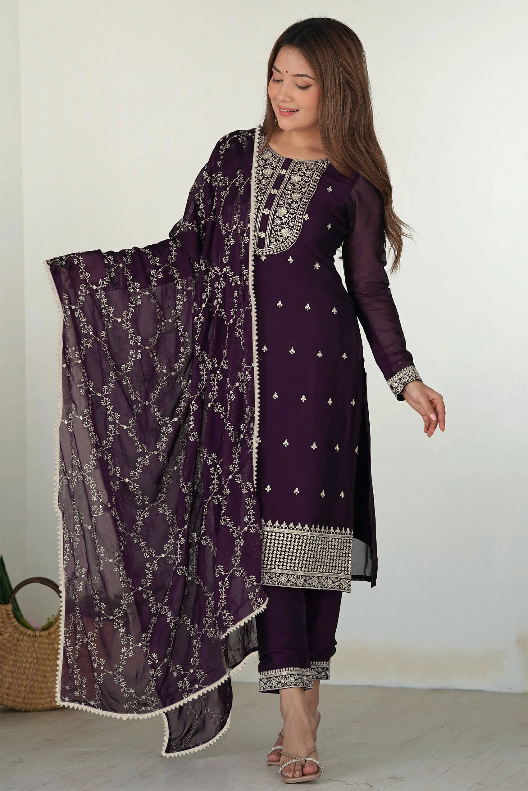 Trijal Fab Women Georgette Embroidered Straight Kurti With Pants ( Wine )
