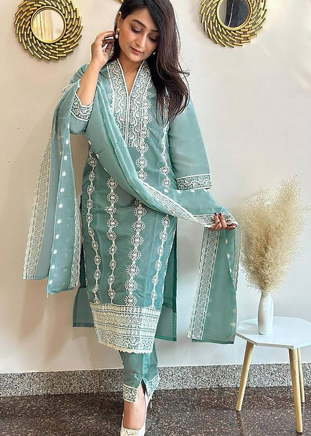 Trijal Fab Women Silk Blend Embroidered Straight Kurti With Pants ( Light Blue )     			Trijal Fab Women Silk Blend Embroidered Straight Kurti With Pants ( Light Blue )