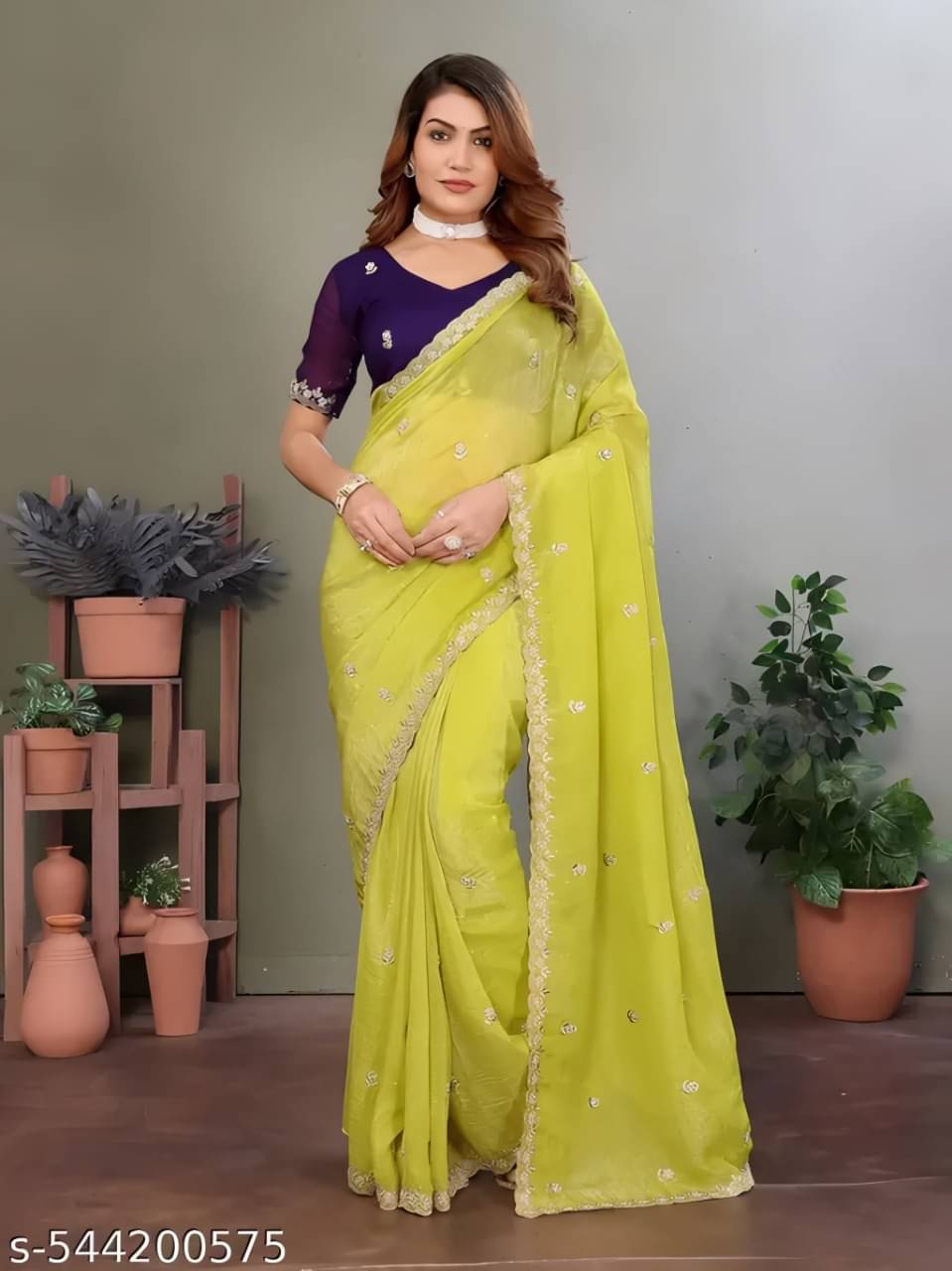     			V FANCY Chiffon Embroidered Kanjeevaram Sarees With Stitched Blouse ( Yellow )