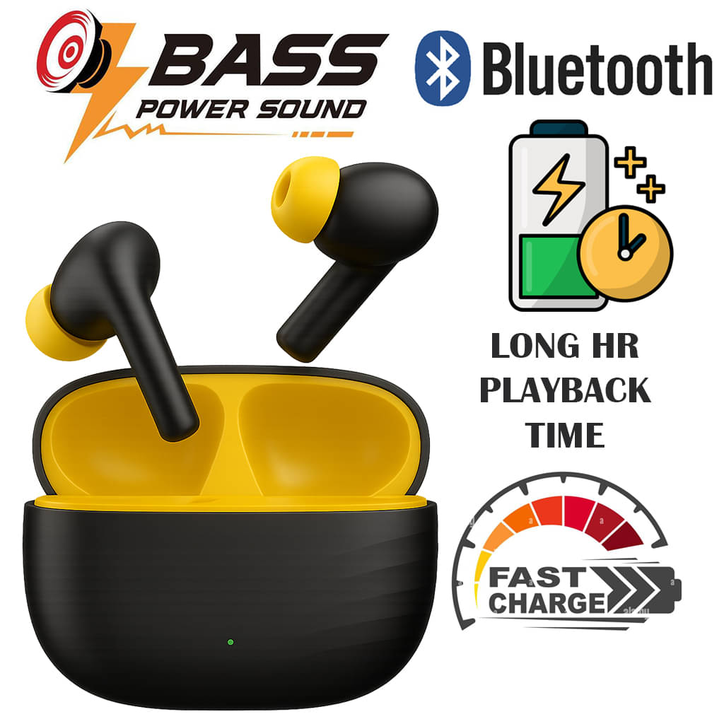     			Wireless Bluetooth Earbuds with Deep Bass Sound, Fast Charging, Long Battery Life, Stylish Black-Yellow Design, Clear Audio, Comfortable Fit, Ideal for Music, Workouts, Travel, and Daily Use.