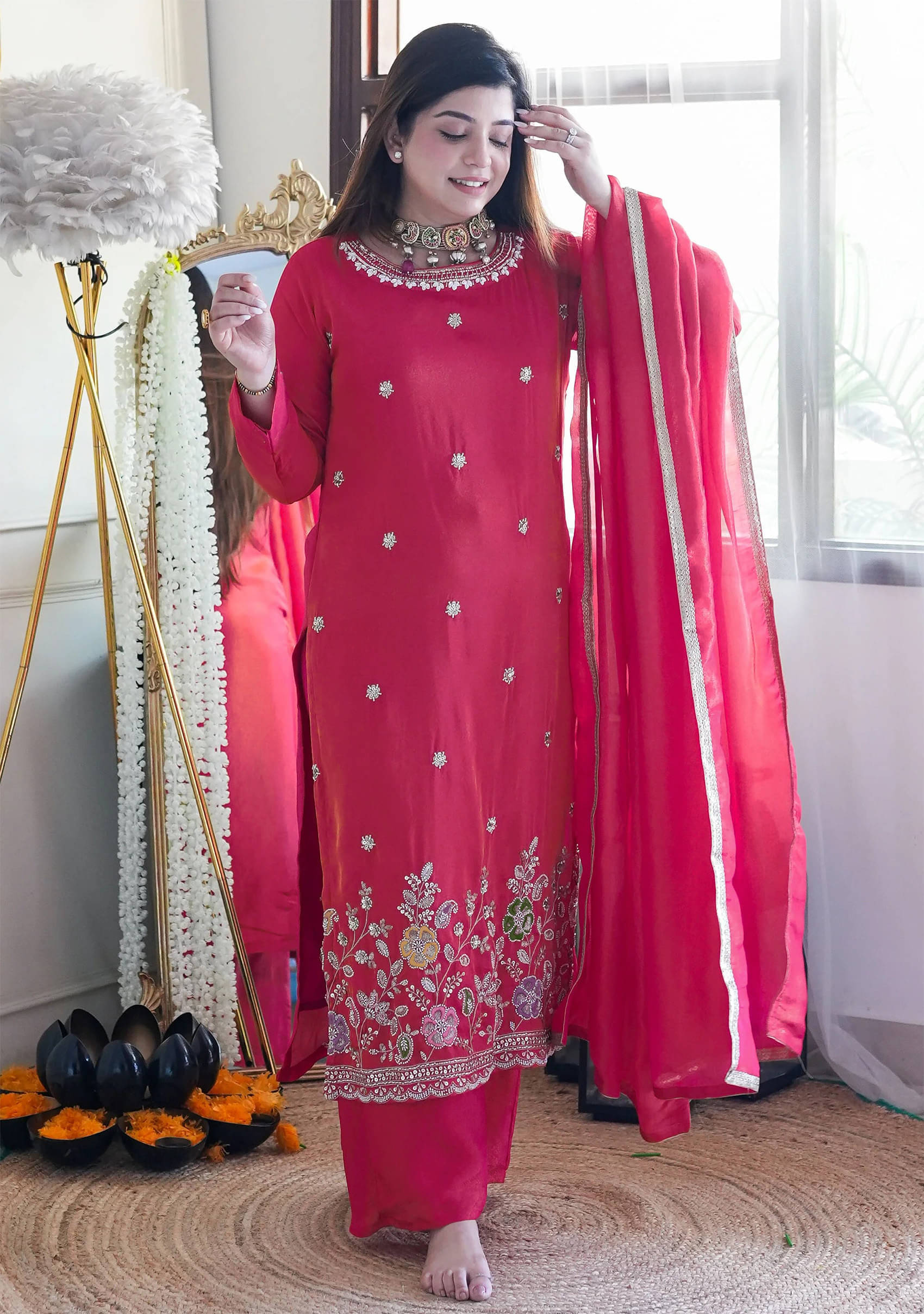kedar fab Women Cotton Blend Embroidered Straight Kurti With Palazzo ( Pink ) kedar fab Women Cotton Blend Embroidered Straight Kurti With Palazzo ( Pink )