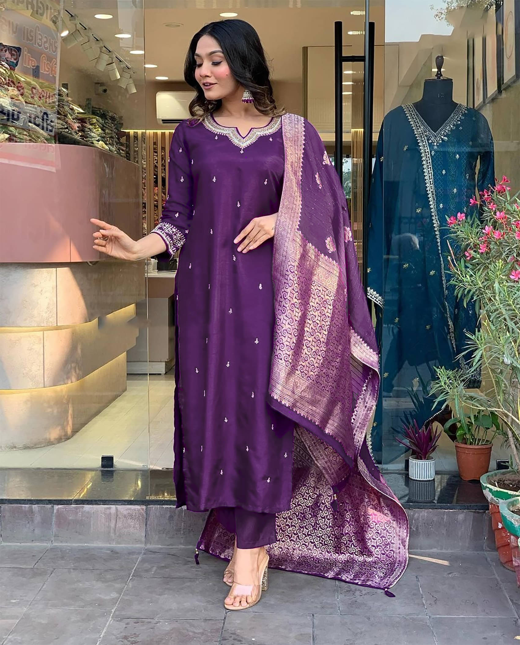 kedar fab Women Cotton Blend Embroidered A-line Kurti With Pants ( Purple ) kedar fab Women Cotton Blend Embroidered A-line Kurti With Pants ( Purple )
