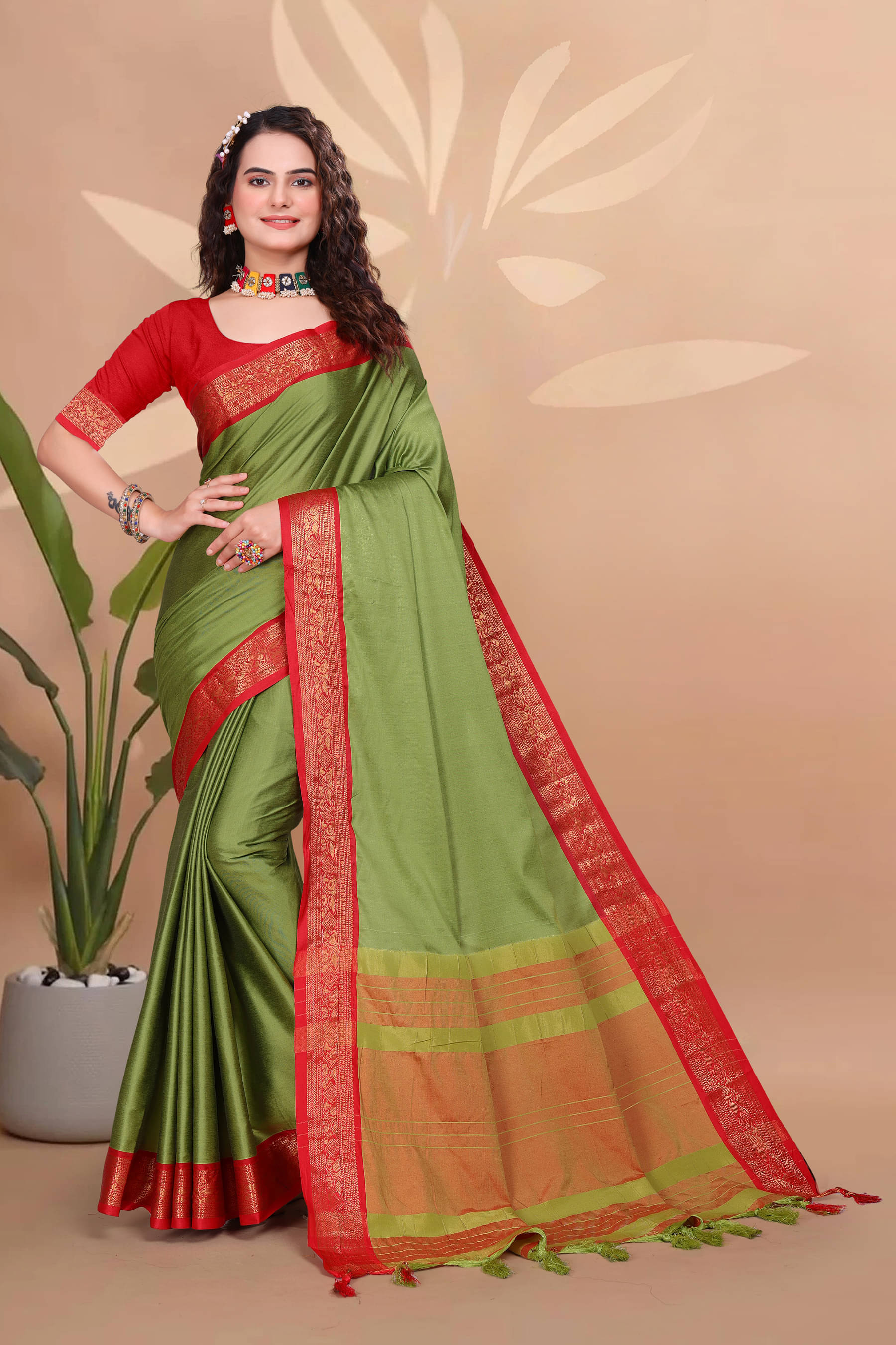     			Clirva Asaam Silk Colorblock Banarasi saree With Unstitched Blouse Piece ( Lime Green )