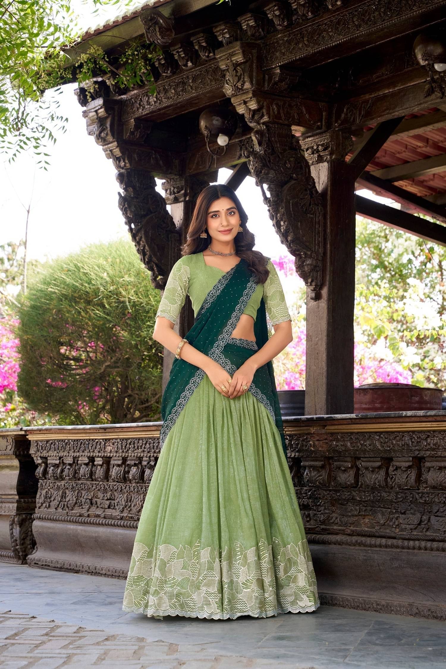 KV Fashion Green Chiffon Chaniya Choli Semi Stitched Lehenga Single KV Fashion Green Chiffon Chaniya Choli Semi Stitched Lehenga Single