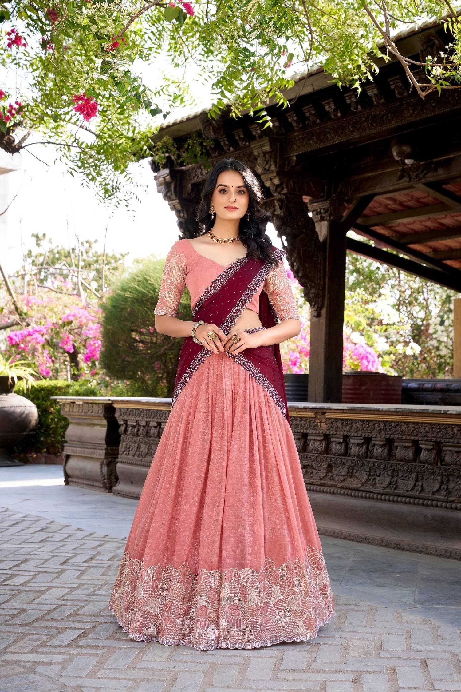     			KV Fashion Peach Chiffon Chaniya Choli Semi Stitched Lehenga Single