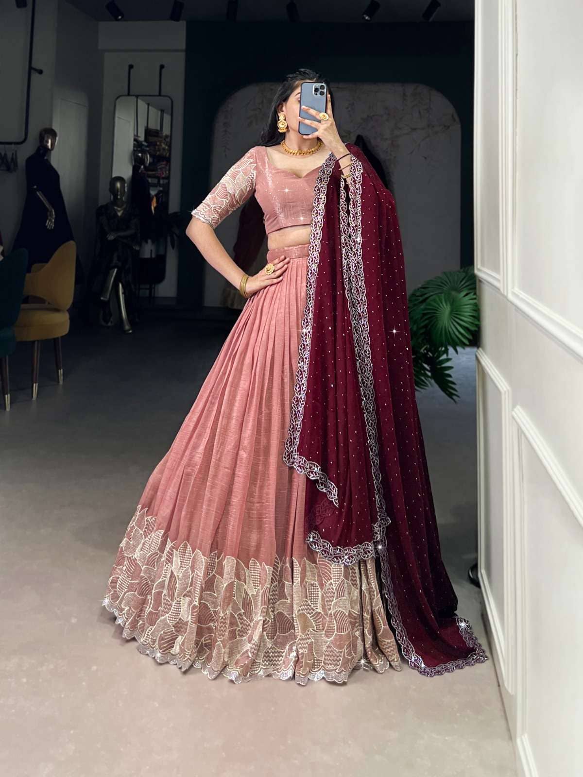Lady Shopi Peach Chiffon Chaniya Choli Semi Stitched Lehenga Single