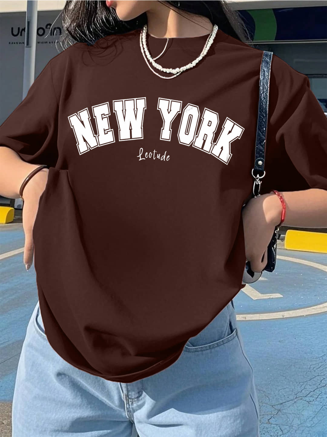 Leotude Women Cotton Blend Printed Oversized Fit Round Neck T-Shirt ( Brown )