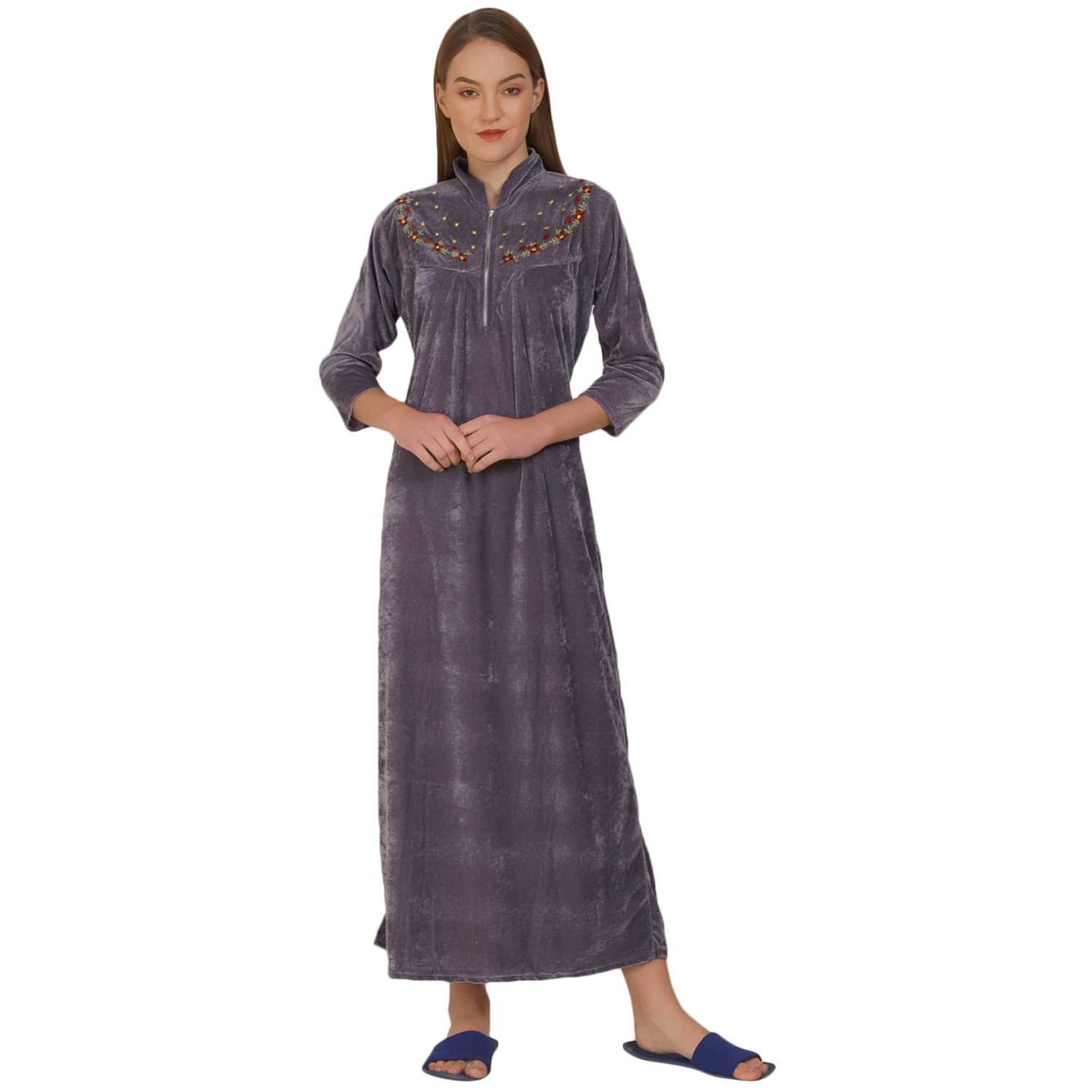     			MISS MEBINO Grey Velvet Women's Nightwear Nighty & Night Gowns ( Pack of 1 )
