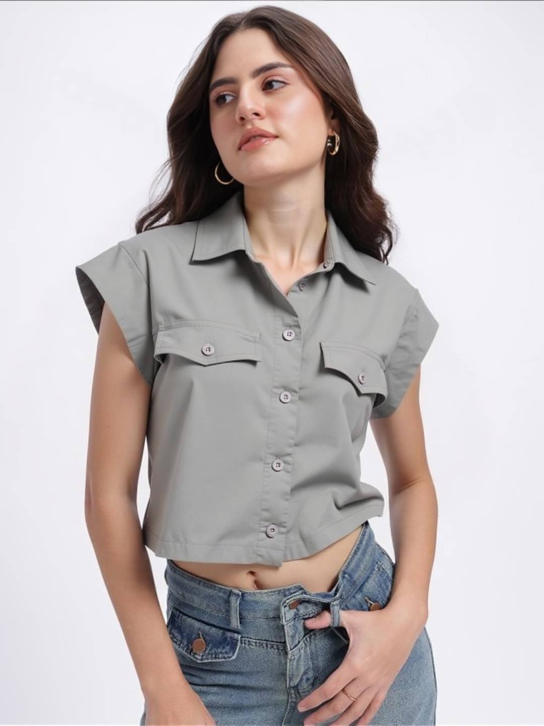 PLUS PARADISE Women Solid Cotton Shirt ( Grey )     			PLUS PARADISE Women Solid Cotton Shirt ( Grey )