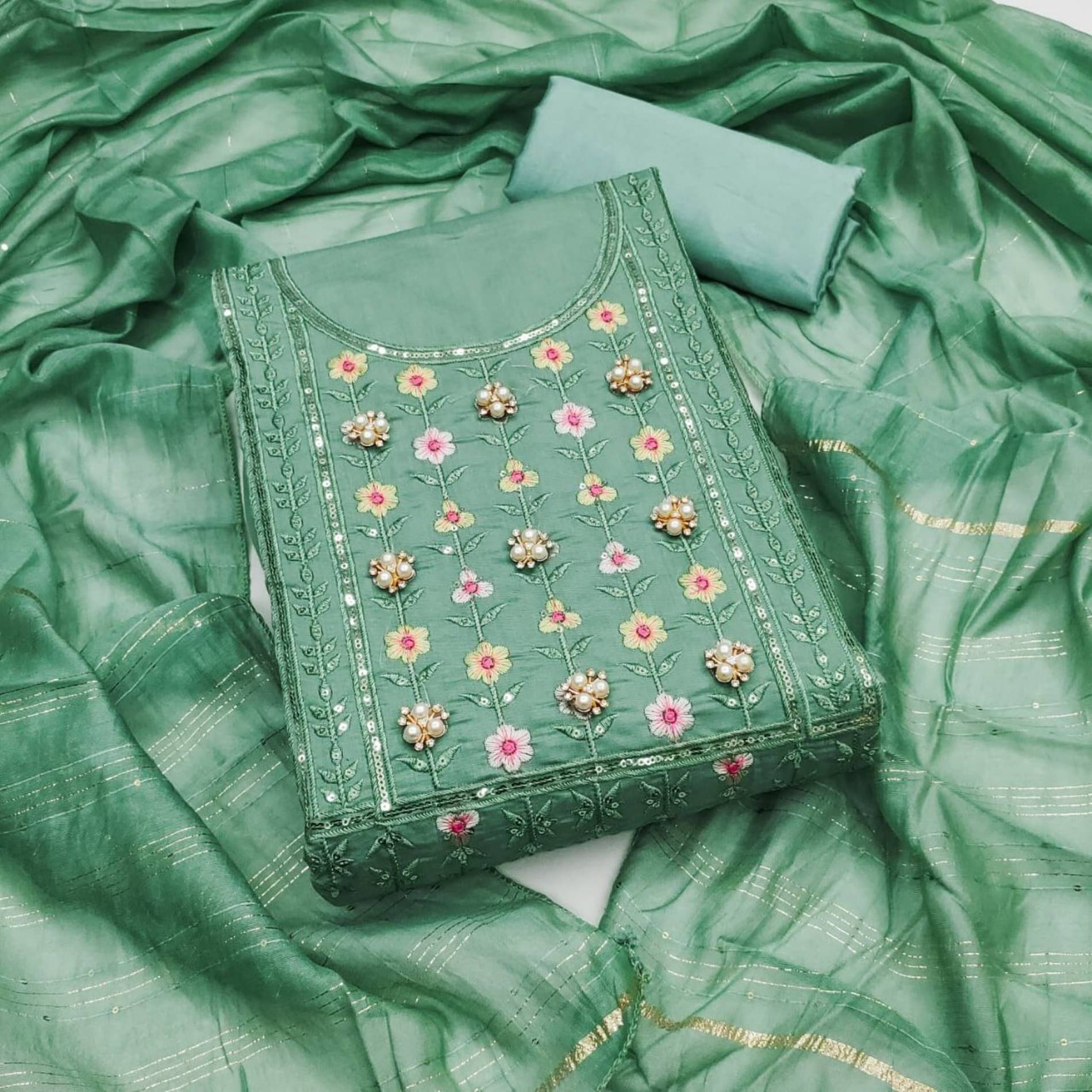 Rangtulika Ethnics Women Chanderi Unstitched Dress Material ( Sea Green )     			Rangtulika Ethnics Women Chanderi Unstitched Dress Material ( Sea Green )