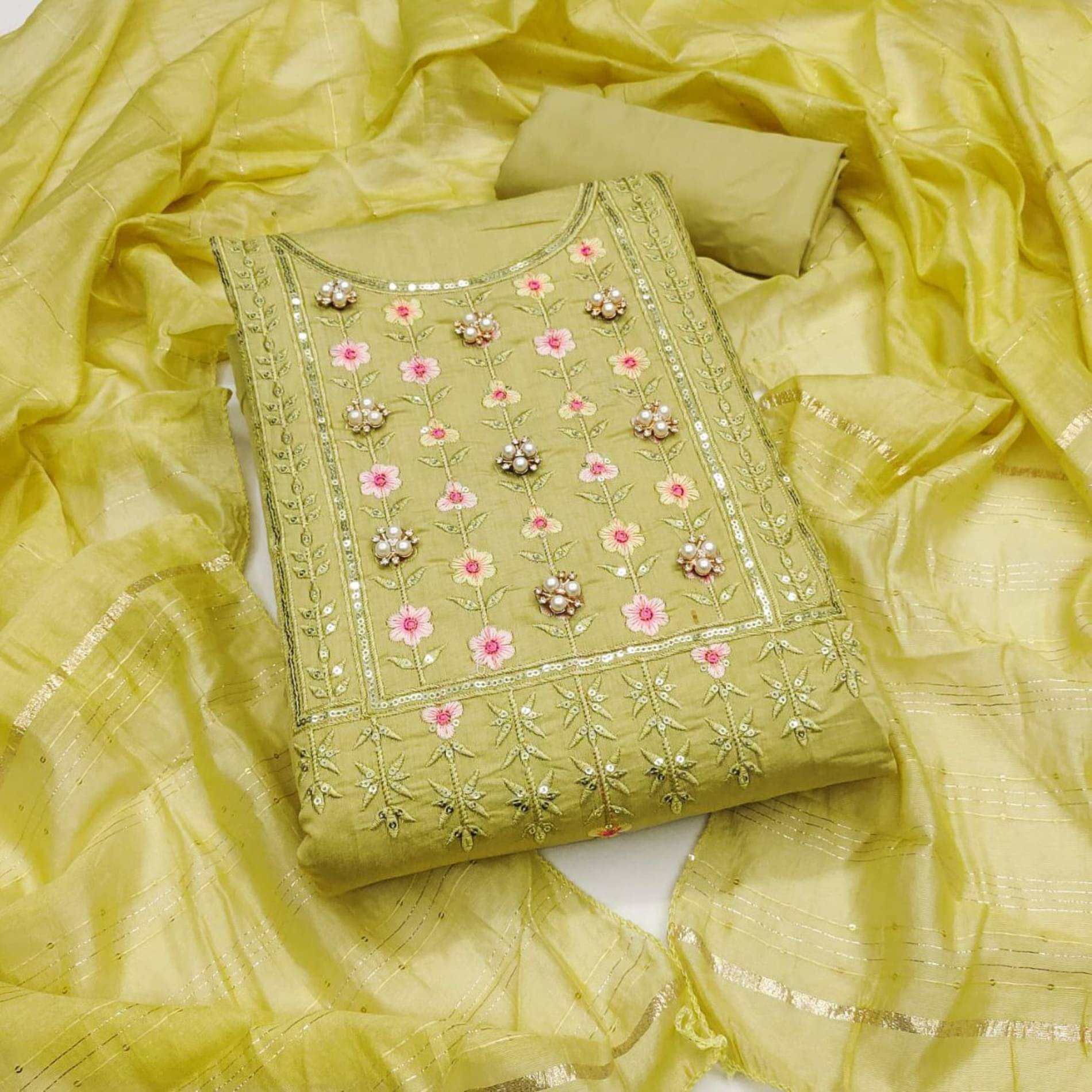     			Rangtulika Ethnics Women Chanderi Unstitched Dress Material ( Yellow )