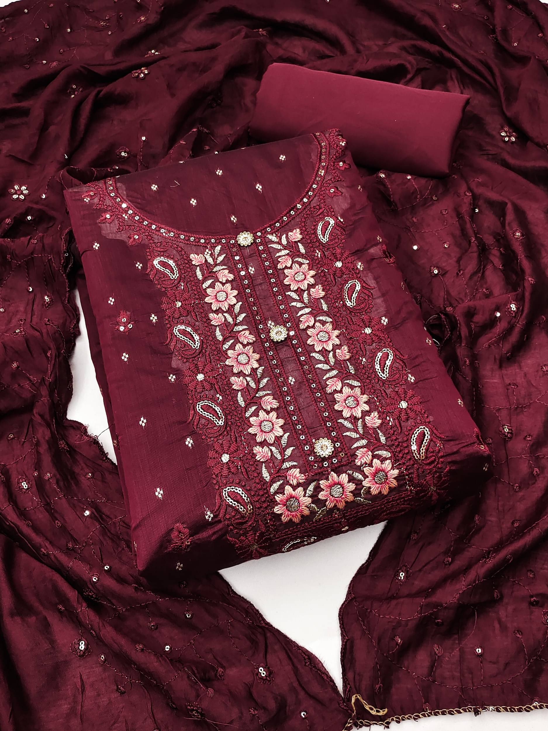 Rangtulika Ethnics Women Chanderi Unstitched Dress Material ( Maroon ) Rangtulika Ethnics Women Chanderi Unstitched Dress Material ( Maroon )