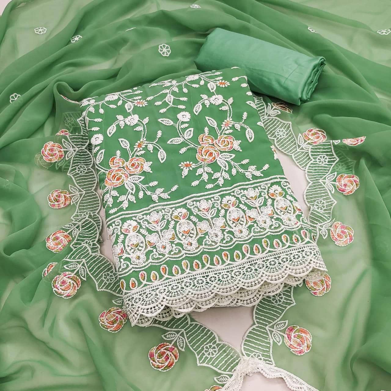 Rangtulika Ethnics Women Georgette Unstitched Dress Material ( Green ) - Unstitched Fabrics | Buy online on ZillyBuy