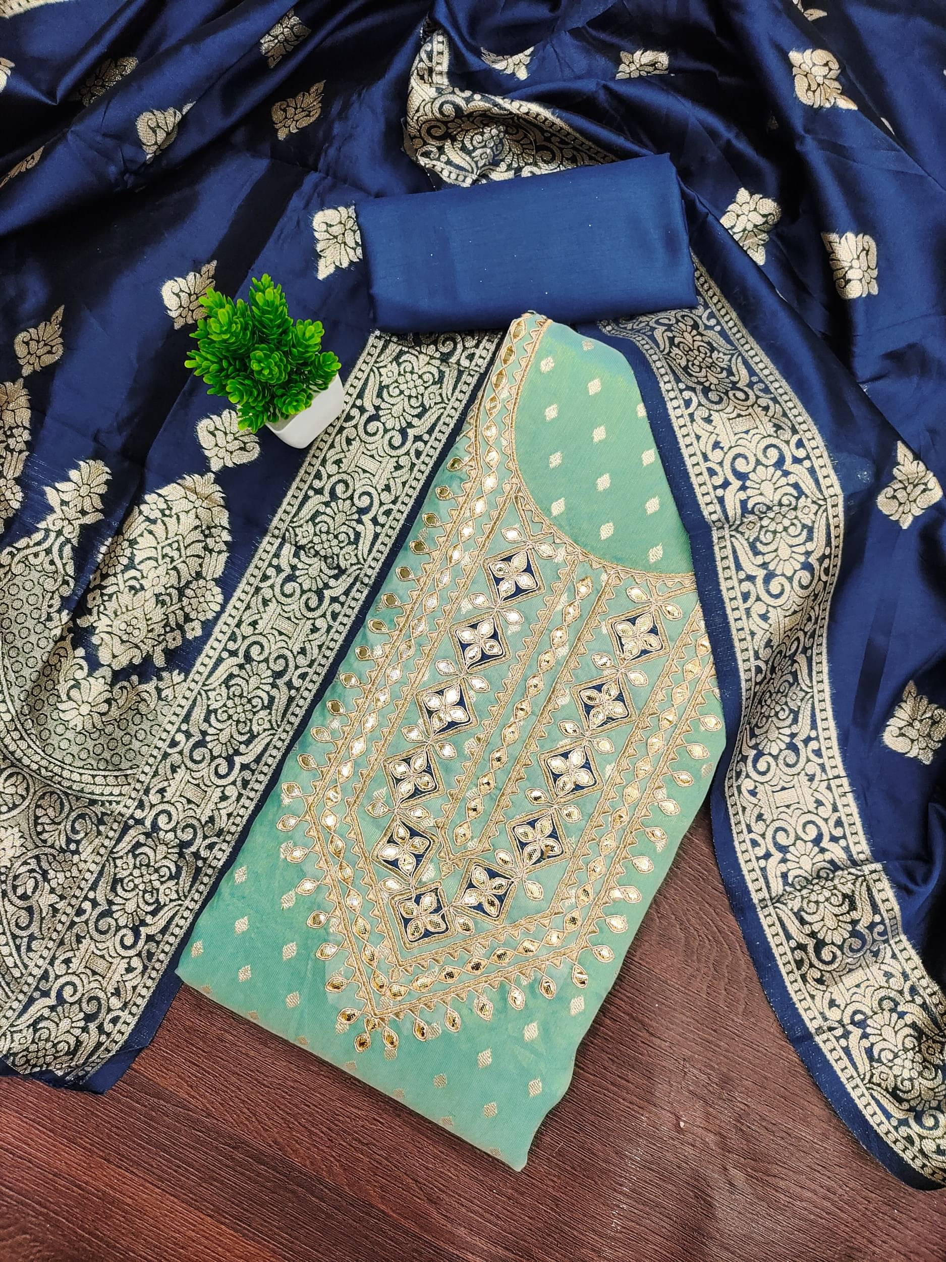 Rangtulika Ethnics Women Shimmer Unstitched Dress Material ( Sea Green )     			Rangtulika Ethnics Women Shimmer Unstitched Dress Material ( Sea Green )