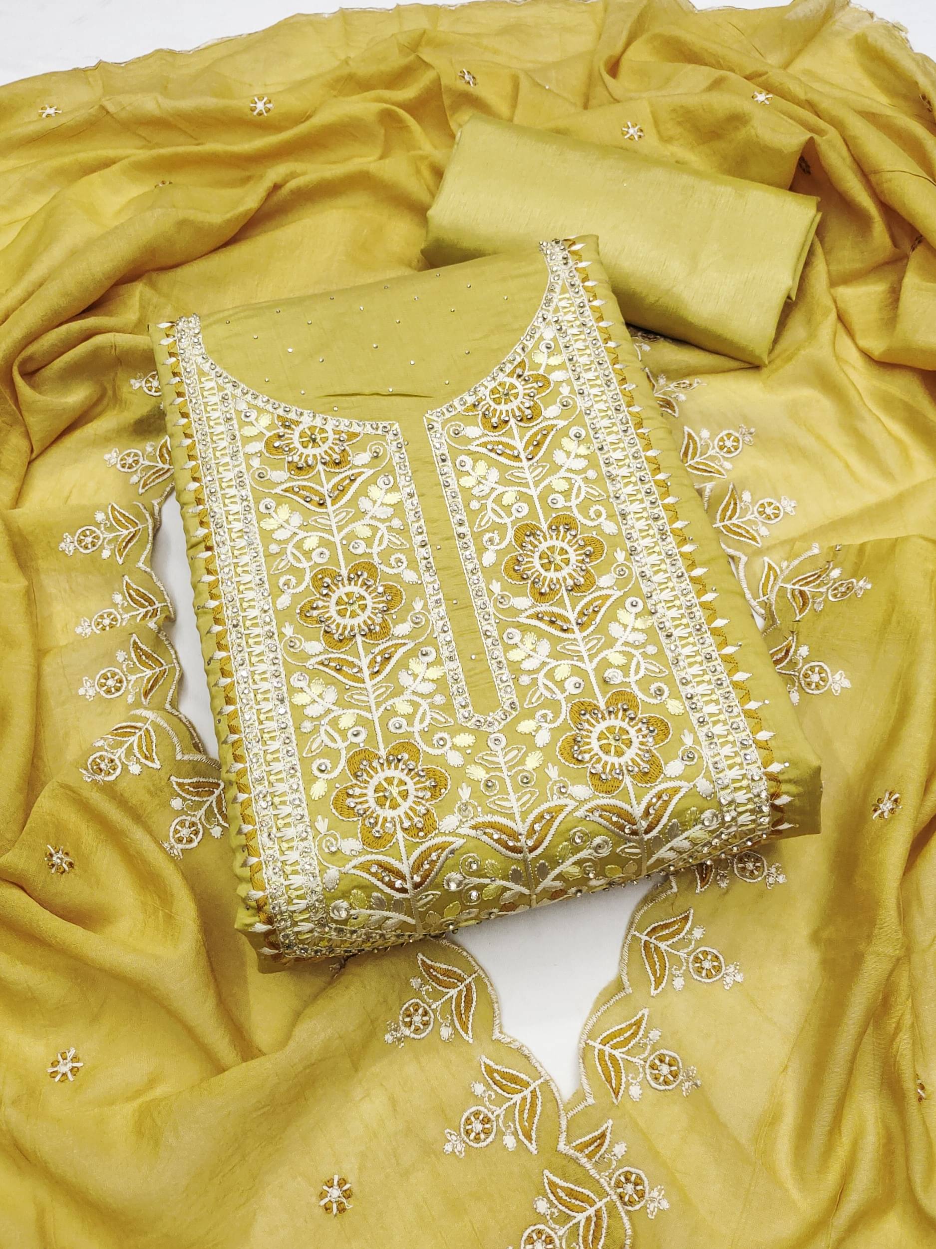 Rangtulika Ethnics Women Silk Blend Unstitched Dress Material ( Olive ) Rangtulika Ethnics Women Silk Blend Unstitched Dress Material ( Olive )