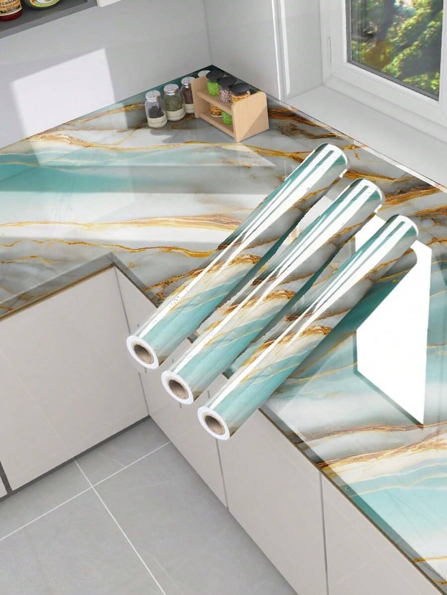     			SKYVILLA PACK OF 3 ROLL Vinyl Peel and Stick Waterproof Wallpaper for Old Furniture Self Adhesive and Removable Surfaces for Home Cabinet Oil Proof Kitchen Countertop Stickers (3, Ocean Sky Gold(60x200cm))