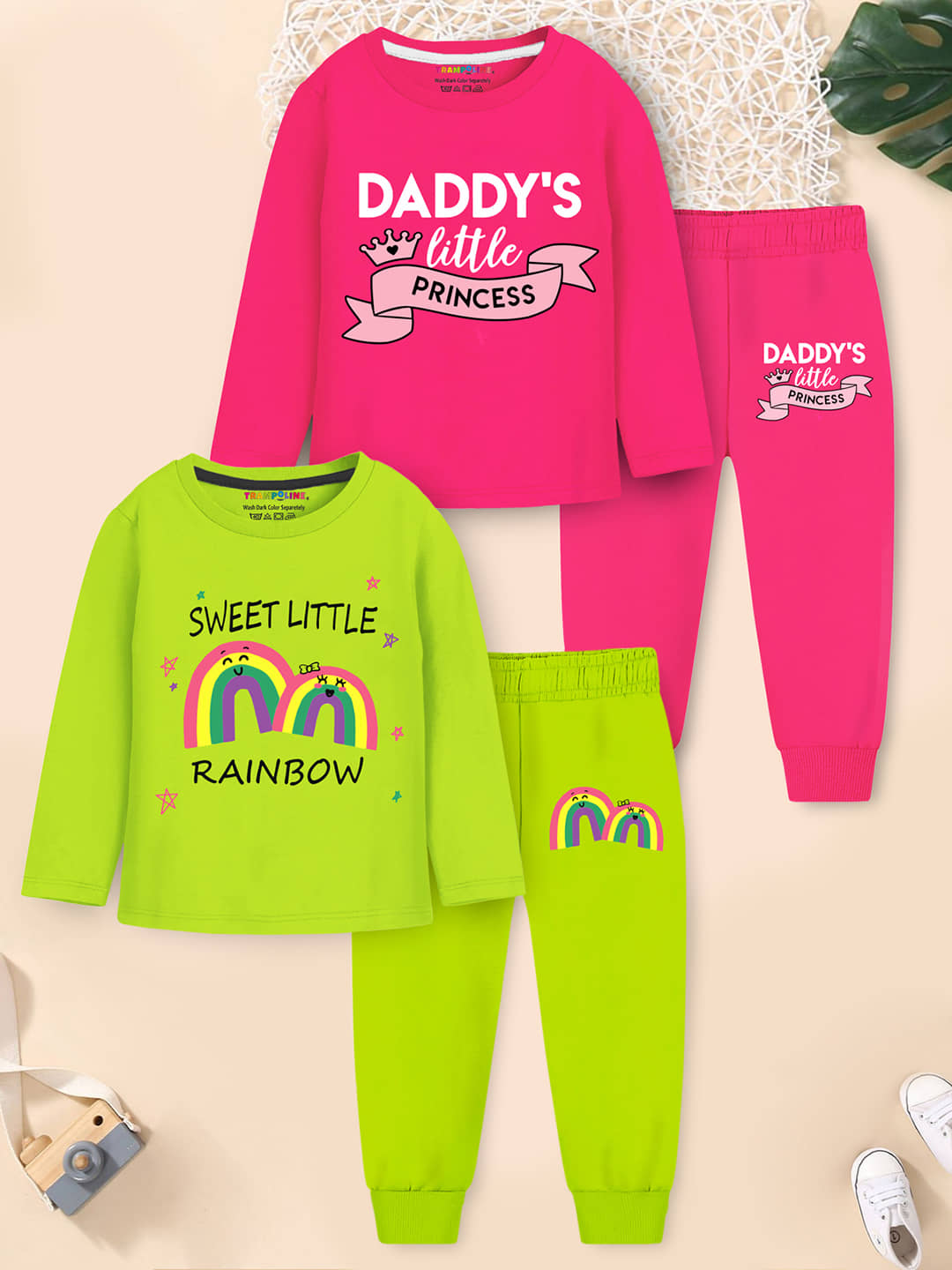 Trampoline Pack of 2 Girls Cotton Blend T-shirt & Pants ( Pink & Green )
