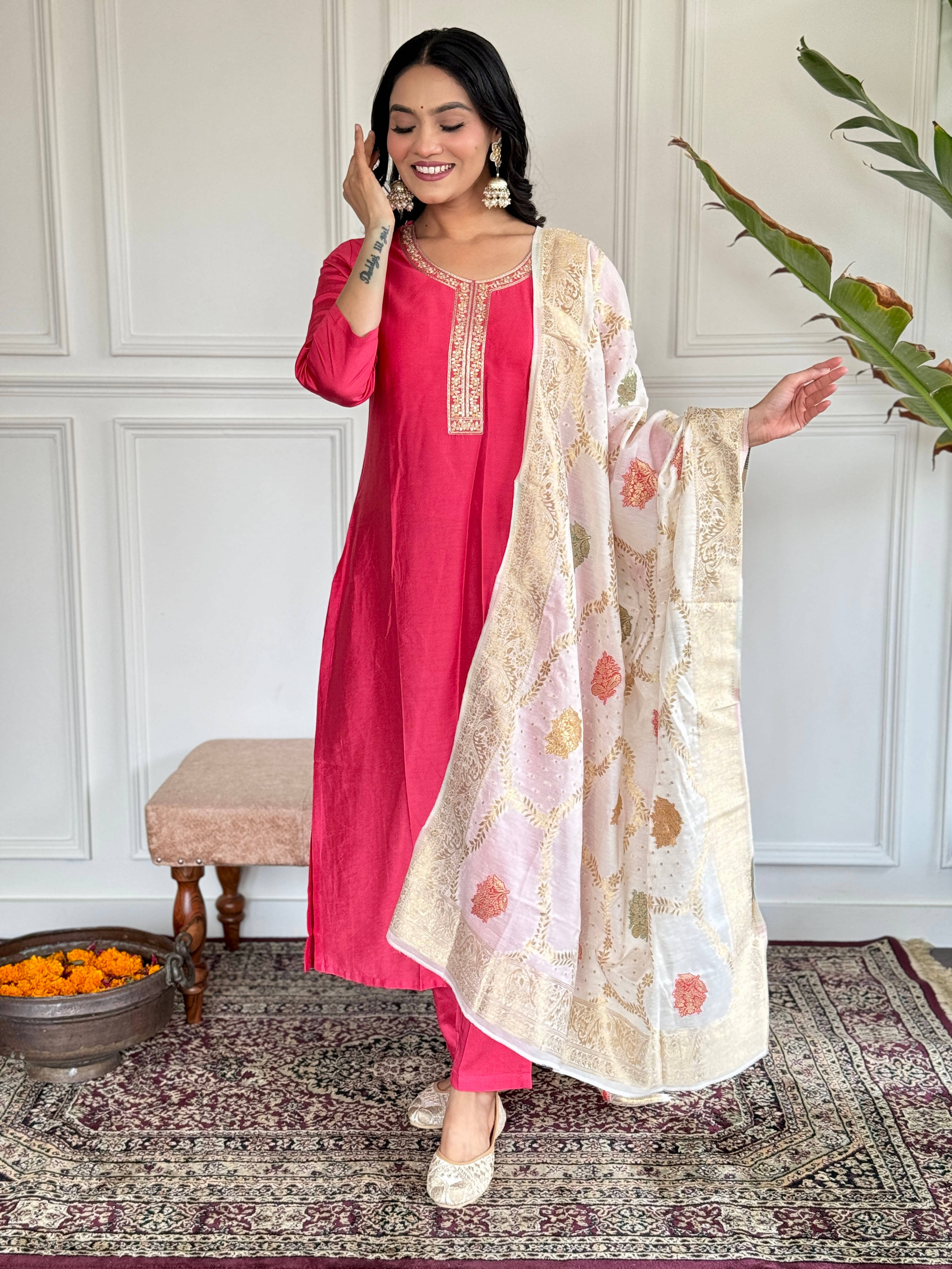 Varni Fabrics Women Chanderi Silk Solid A-line Kurti with Dupatta ( Pink ) Varni Fabrics Women Chanderi Silk Solid A-line Kurti with Dupatta ( Pink )