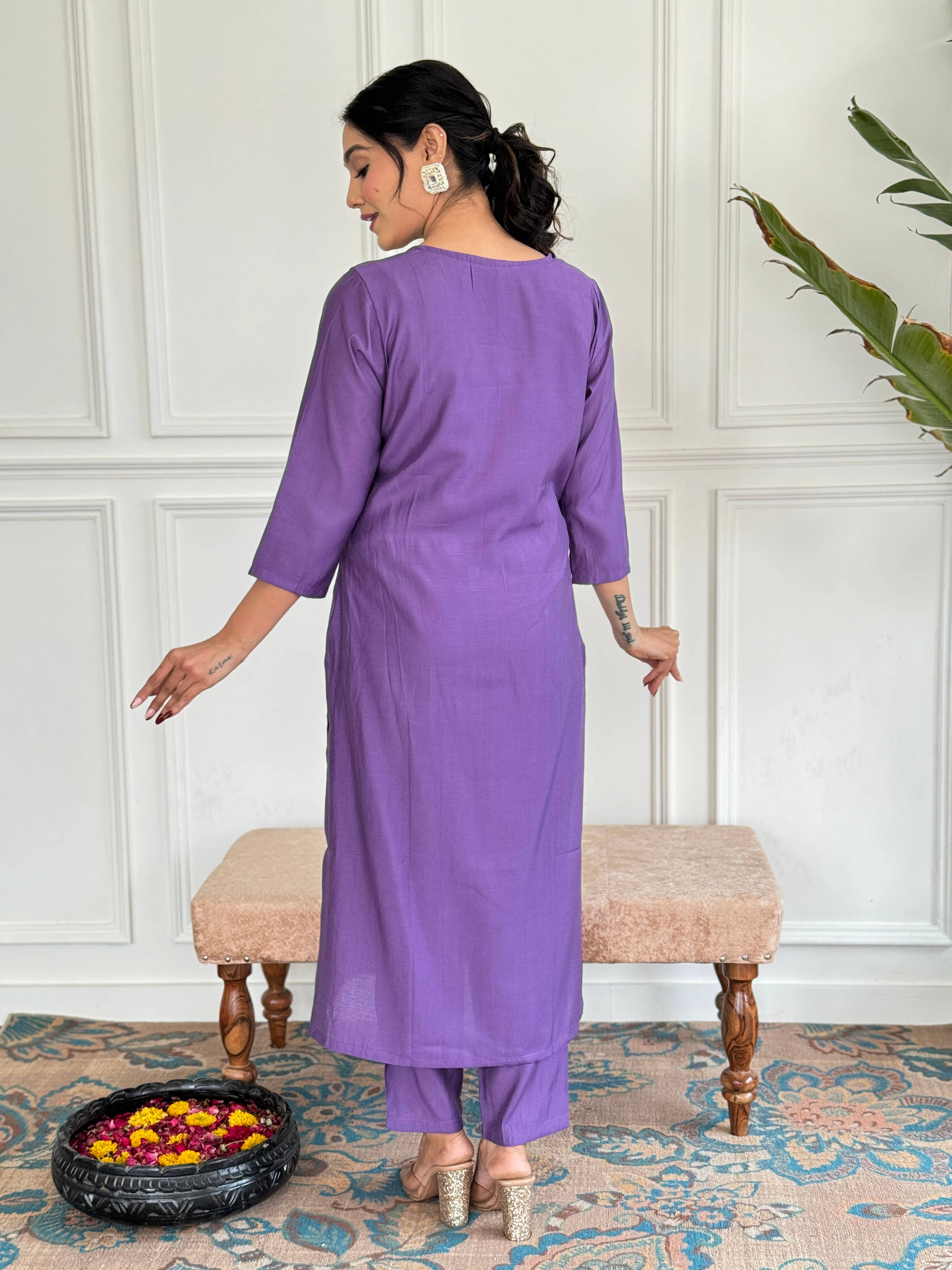     			Varni Fabrics Women Chanderi Silk Solid A-line Kurti with Dupatta ( Purple )