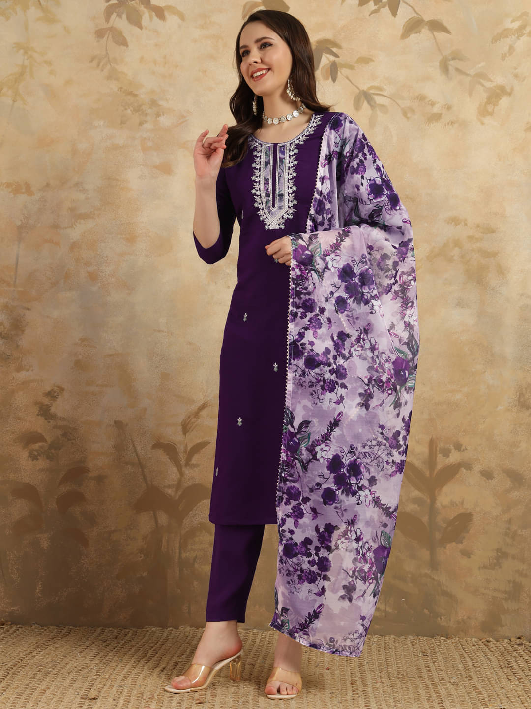     			Varni Fabrics Women Chanderi Silk Solid A-line Kurti with Dupatta ( Purple )