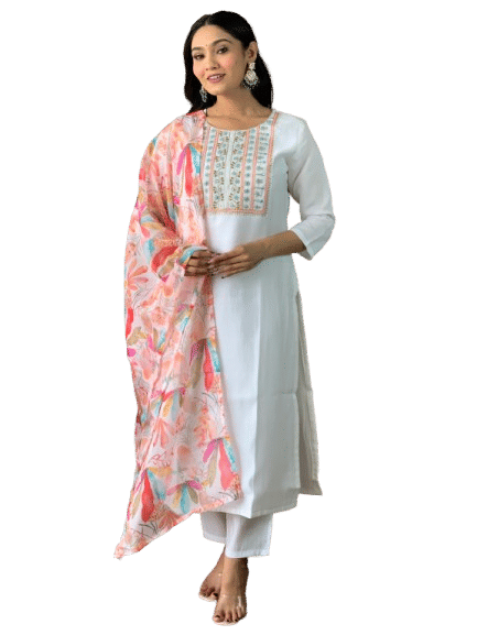 Varni Fabrics Women Silk Blend Printed Ethnic Dress ( White ) Varni Fabrics Women Silk Blend Printed Ethnic Dress ( White )