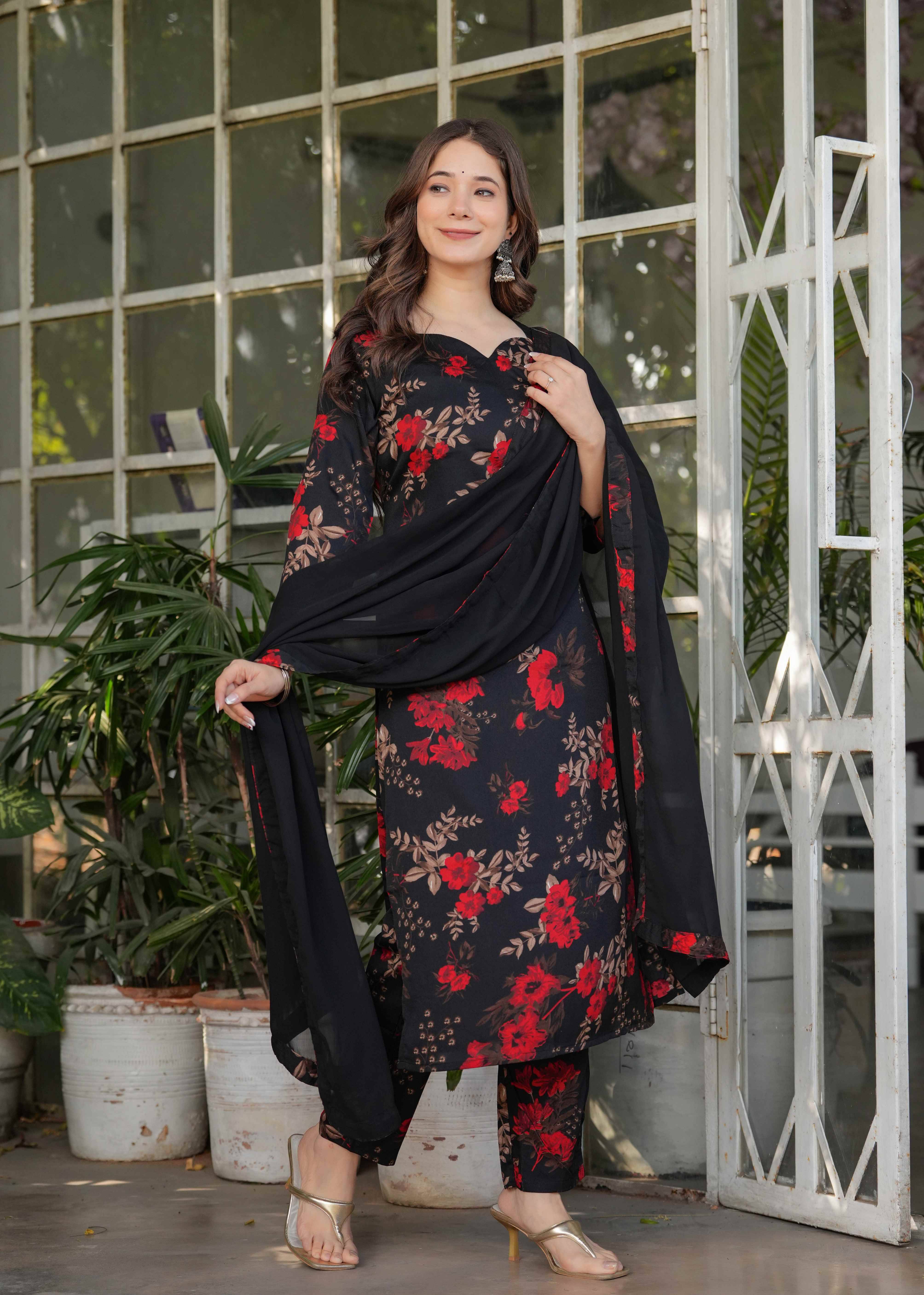 Varni Fabrics Women Silk Blend Printed A-line Kurti with Dupatta ( Black ) Varni Fabrics Women Silk Blend Printed A-line Kurti with Dupatta ( Black )