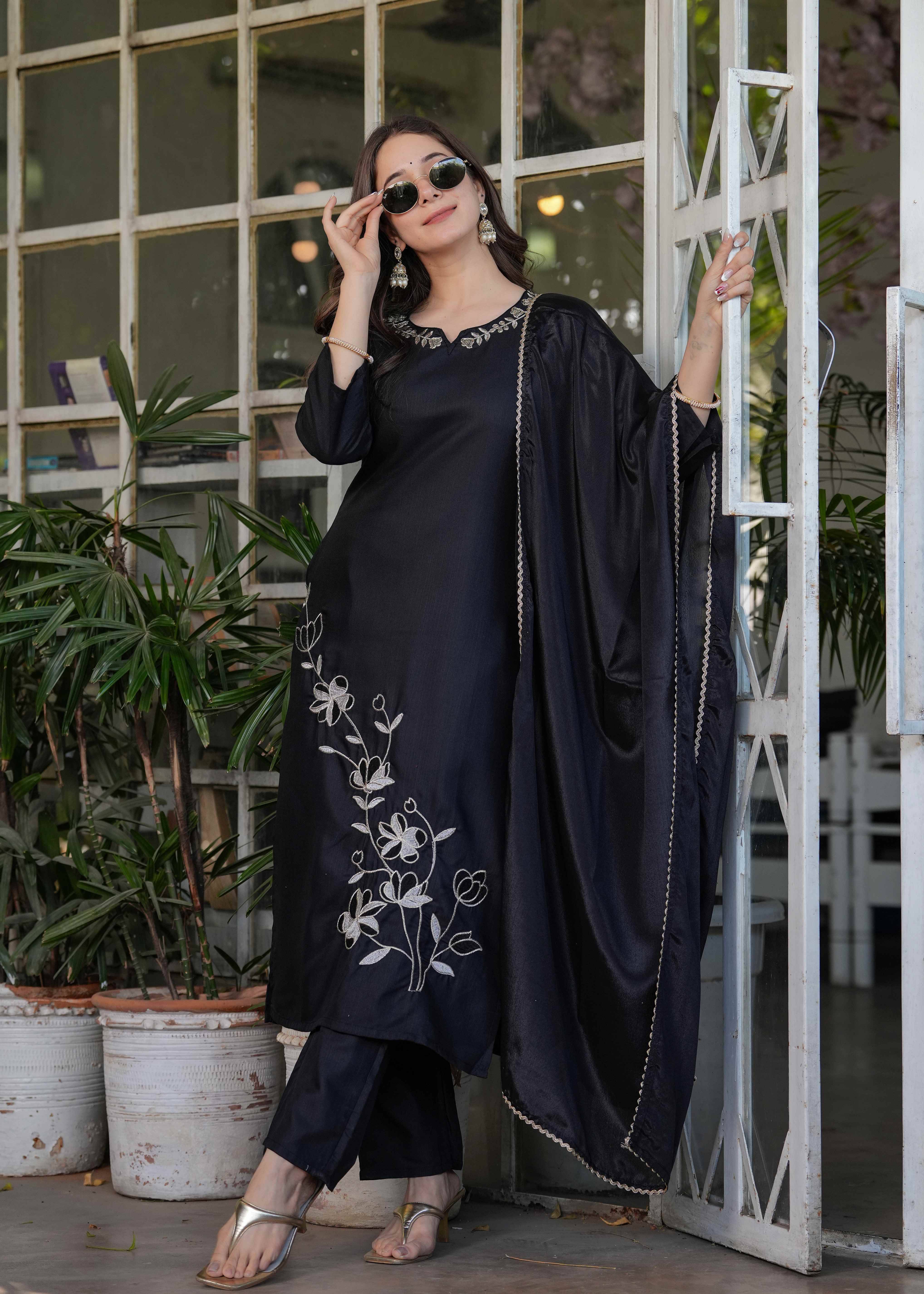 Varni Fabrics Women Viscose Rayon Printed A-line Kurti with Dupatta ( Black ) Varni Fabrics Women Viscose Rayon Printed A-line Kurti with Dupatta ( Black )