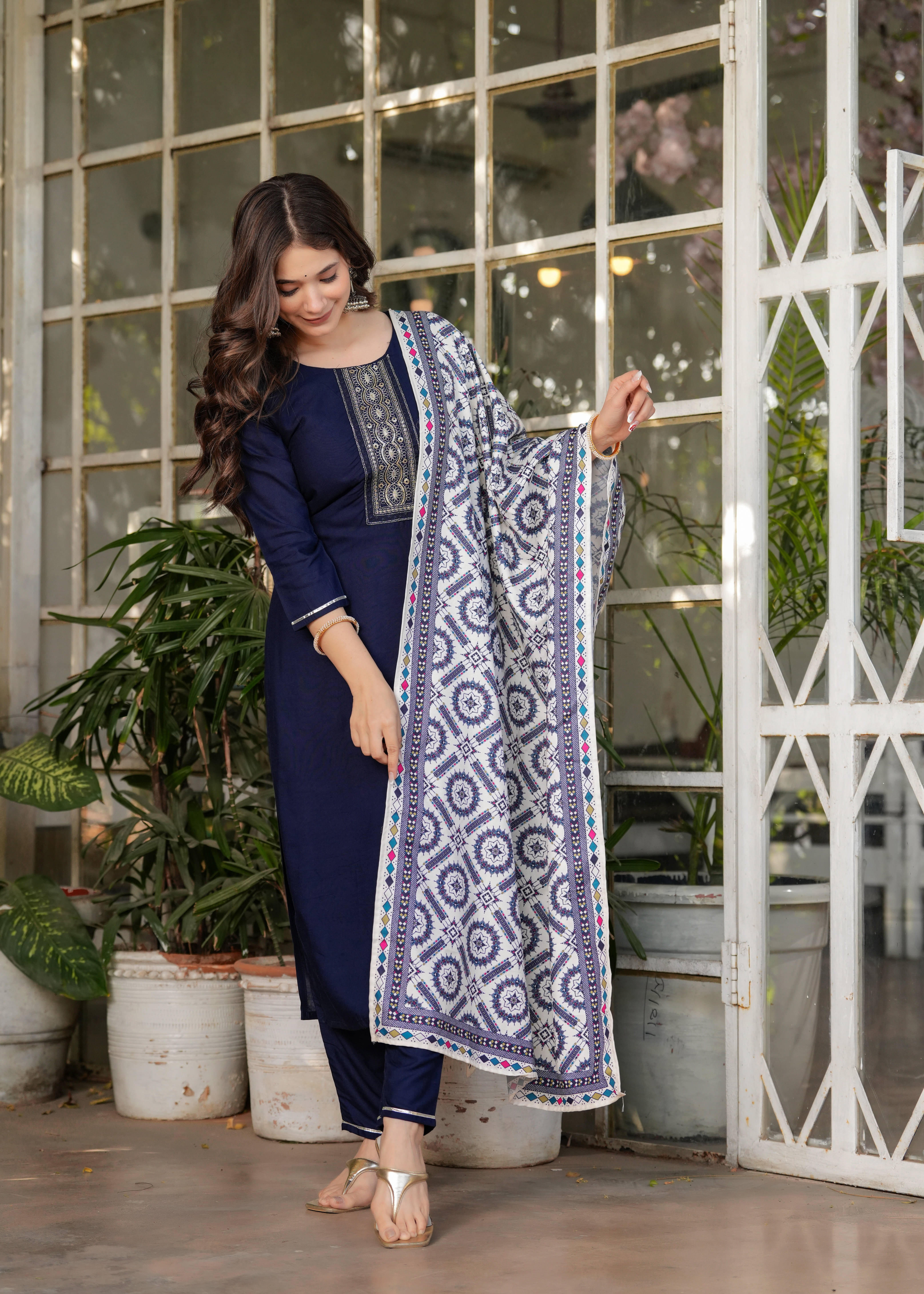 Varni Fabrics Women Viscose Rayon Printed A-line Kurti with Dupatta ( Blue ) Varni Fabrics Women Viscose Rayon Printed A-line Kurti with Dupatta ( Blue )