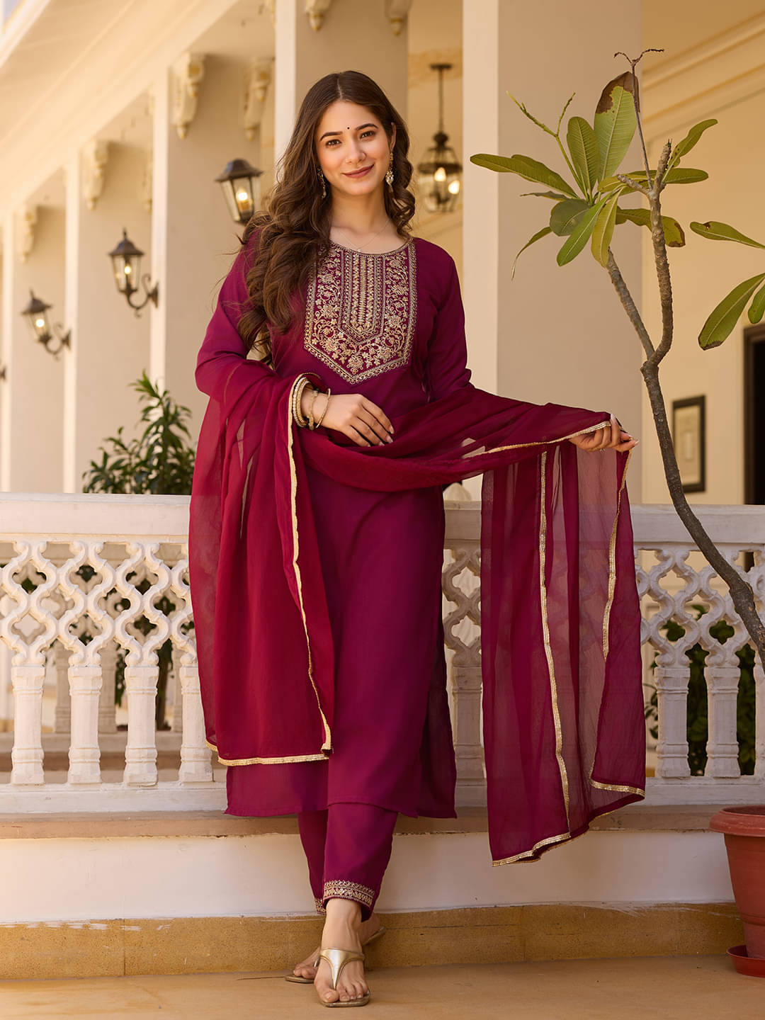     			Varni Fabrics Women Viscose Rayon Printed A-line Kurti with Dupatta ( Maroon )