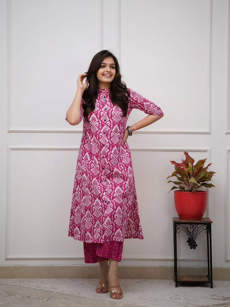     			keshav fashion Women Cotton Printed A-line Kurti With Palazzo ( Pink )