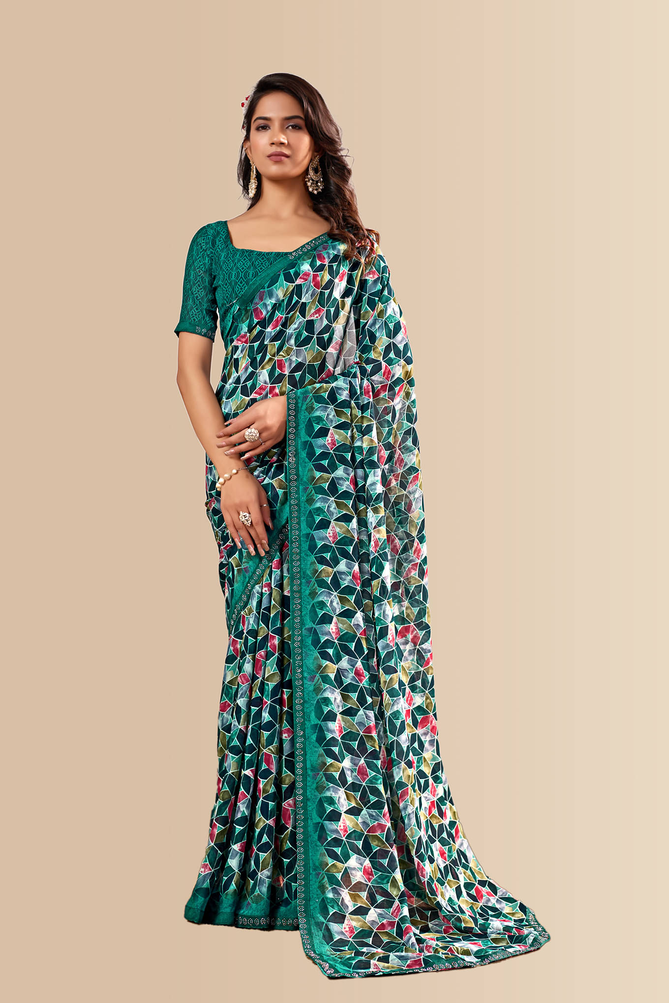 ANAND SAREES Georgette Printed Ilkal Saree With Unstitched Blouse Piece ( Rama )     			ANAND SAREES Georgette Printed Ilkal Saree With Unstitched Blouse Piece ( Rama )