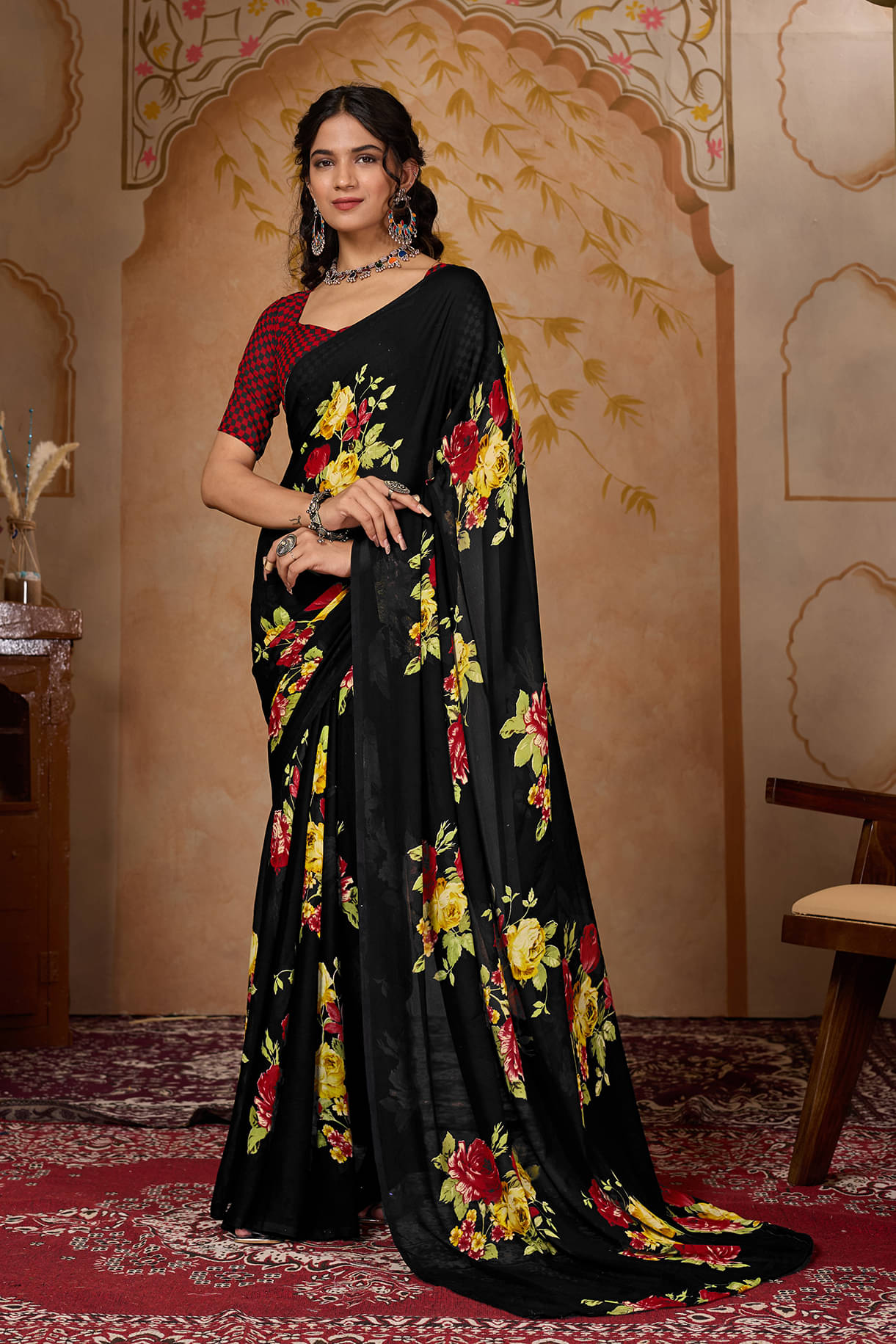 ANAND SAREES Georgette Printed Ilkal Saree With Unstitched Blouse Piece ( Black ) ANAND SAREES Georgette Printed Ilkal Saree With Unstitched Blouse Piece ( Black )