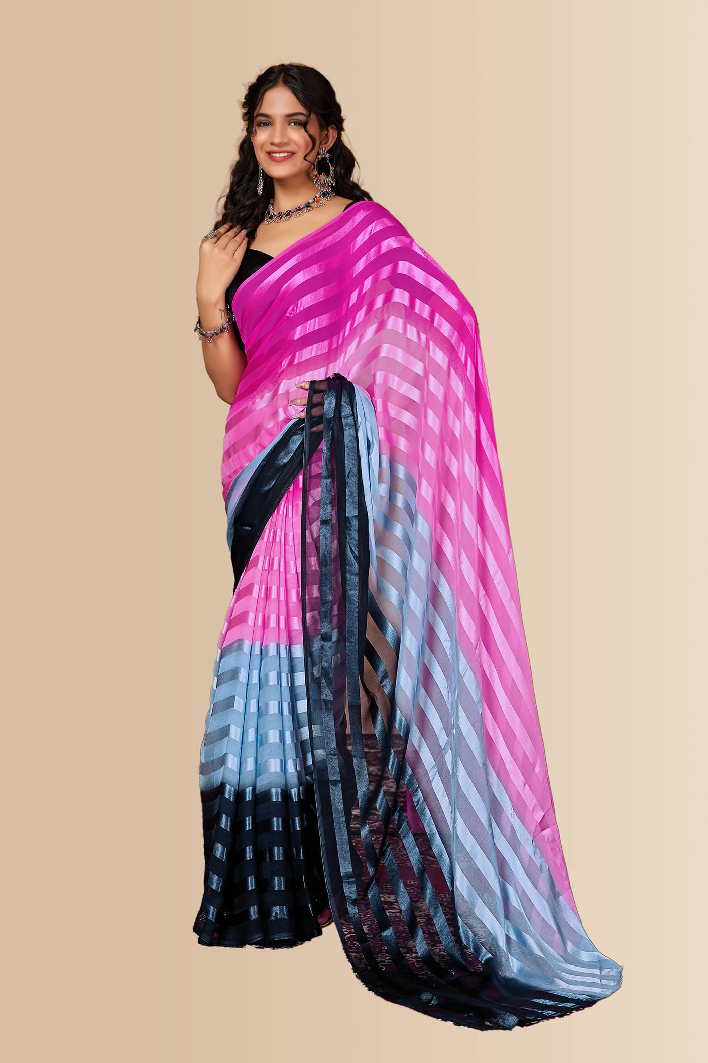 ANAND SAREES Georgette Striped Ilkal Saree With Unstitched Blouse Piece ( Pink ) ANAND SAREES Georgette Striped Ilkal Saree With Unstitched Blouse Piece ( Pink )