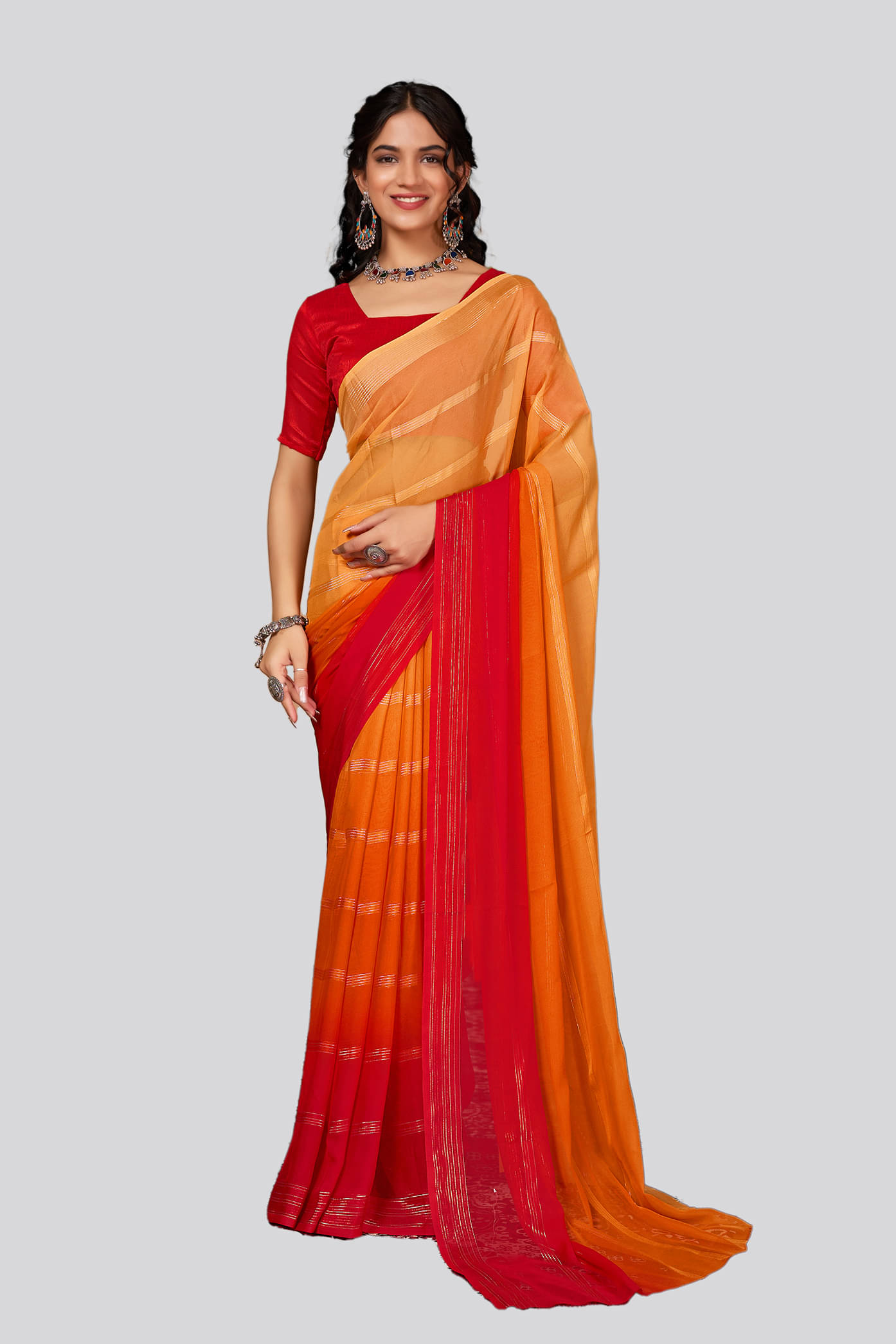     			ANAND SAREES Georgette Striped Ilkal Saree With Unstitched Blouse Piece ( Orange )
